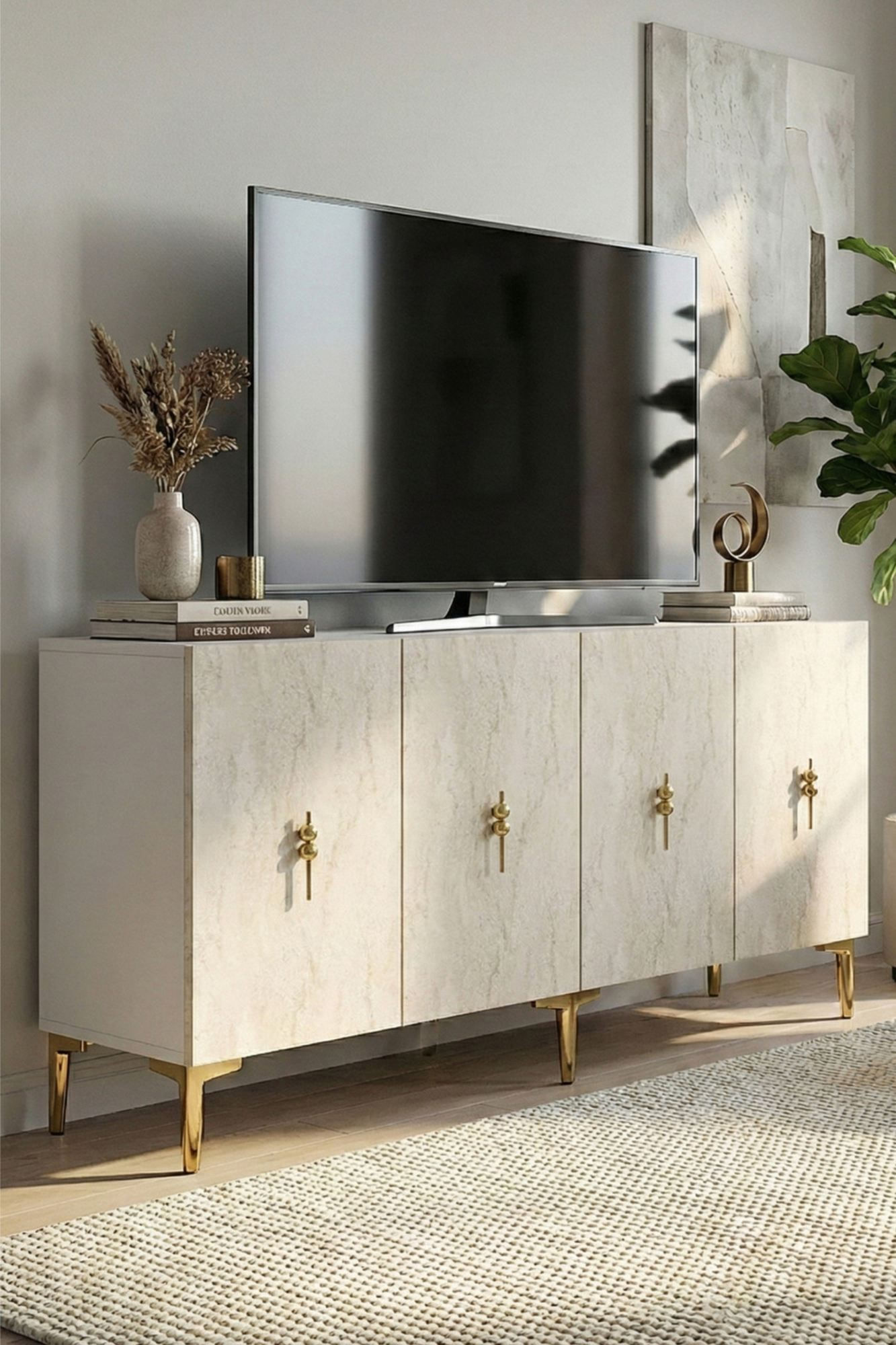 Consola Salkım 150, 125 x 75 x 32 cm, alb travertin auriu, PAL melaminat, alb / travertin / gold — imaginea 5