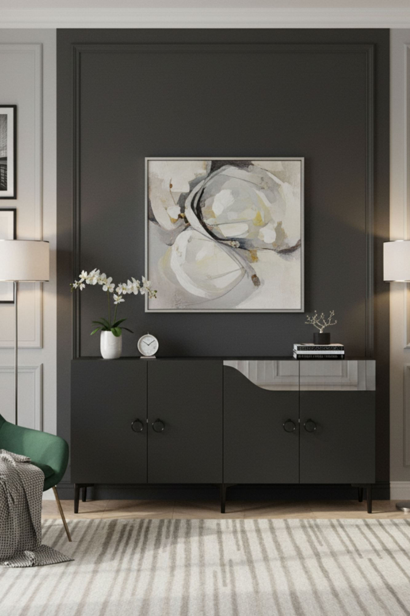 Consola Gama 150, 150 x 75 x 32 cm, antracit argintiu, PAL melaminat, spatiu de depozitare, fixare pe perete, antracit / silver — imaginea 3