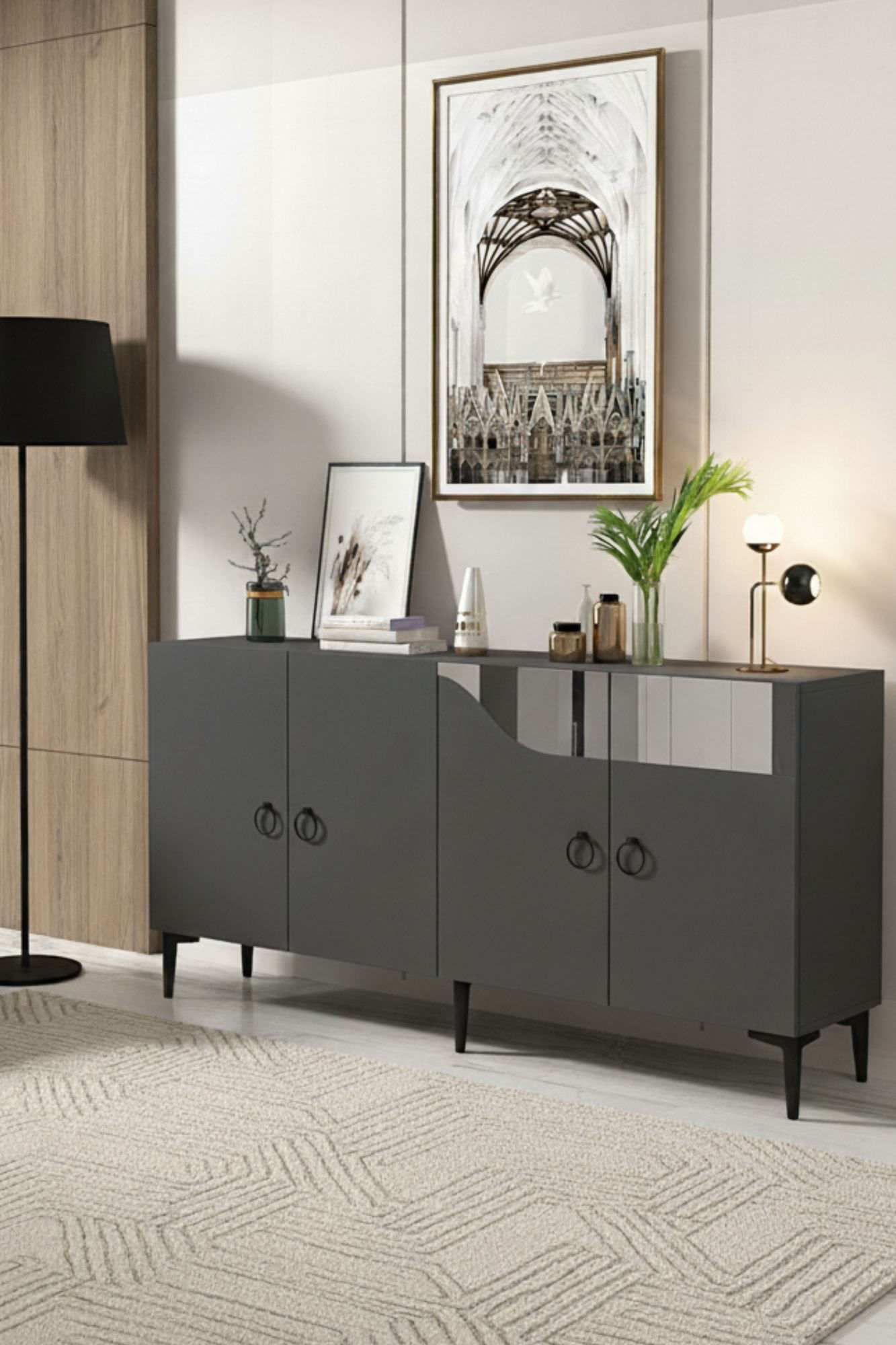 Consola Gama 150, 150 x 75 x 32 cm, antracit argintiu, PAL melaminat, spatiu de depozitare, fixare pe perete, antracit / silver — imaginea 6