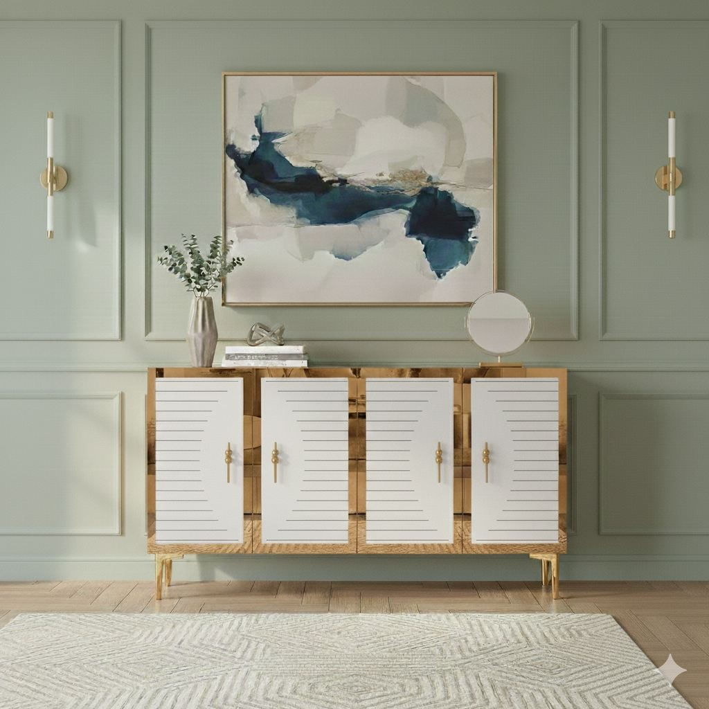 Consola Tuna 120, 120 x 75 x 32 cm, alb auriu, PAL melaminat, spatiu de depozitare, fixare pe perete, alb / gold — imaginea 3