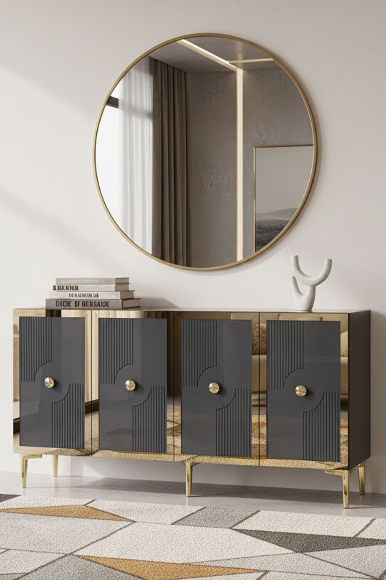 Consola Pega 150, 125 x 75 x 32 cm, antracit auriu, PAL melaminat, oglinda inclusa, antracit / gold — imaginea 6