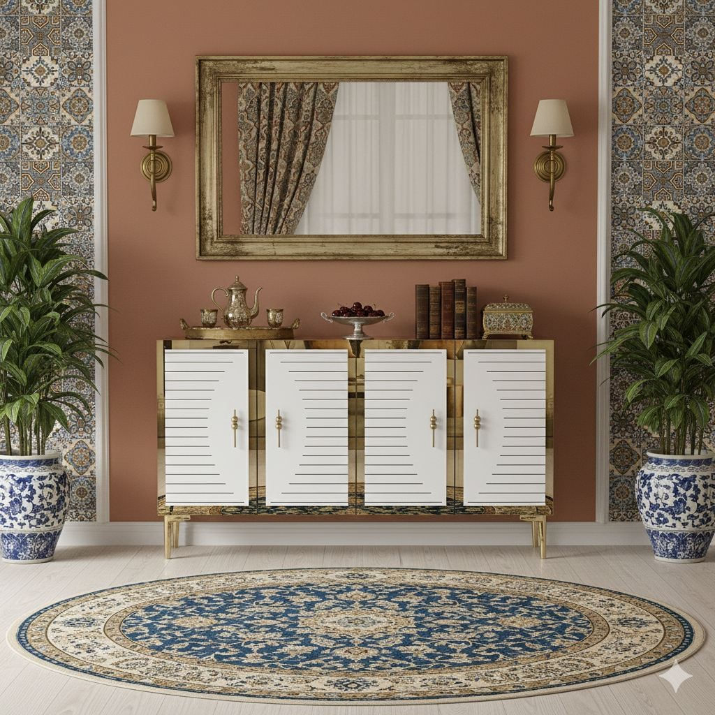 Consola Tuna 120, 120 x 75 x 32 cm, alb auriu, PAL melaminat, spatiu de depozitare, fixare pe perete, alb / gold — imaginea 4