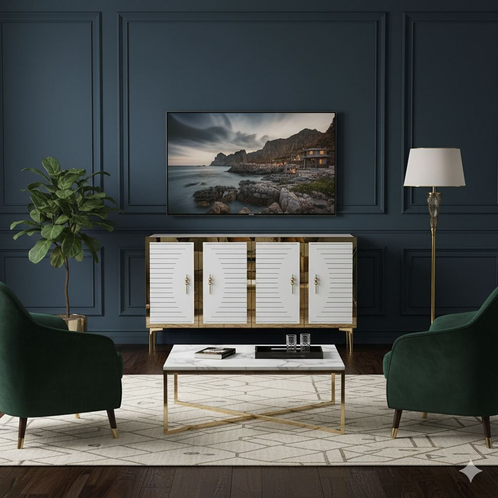 Consola Tuna 120, 120 x 75 x 32 cm, alb auriu, PAL melaminat, spatiu de depozitare, fixare pe perete, alb / gold — imaginea 6