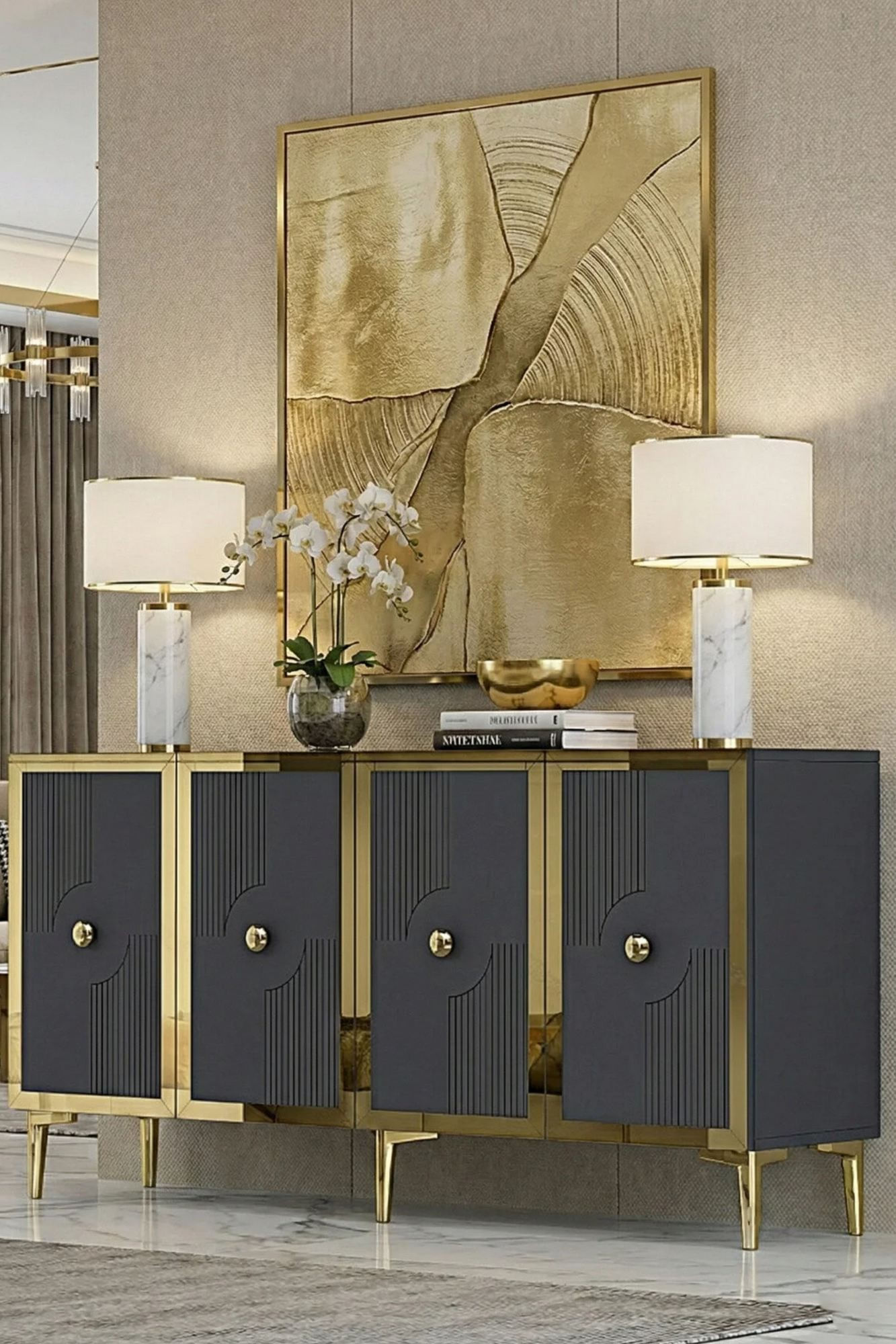 Consola Pega 150, 125 x 75 x 32 cm, antracit auriu, PAL melaminat, oglinda inclusa, antracit / gold — imaginea 7