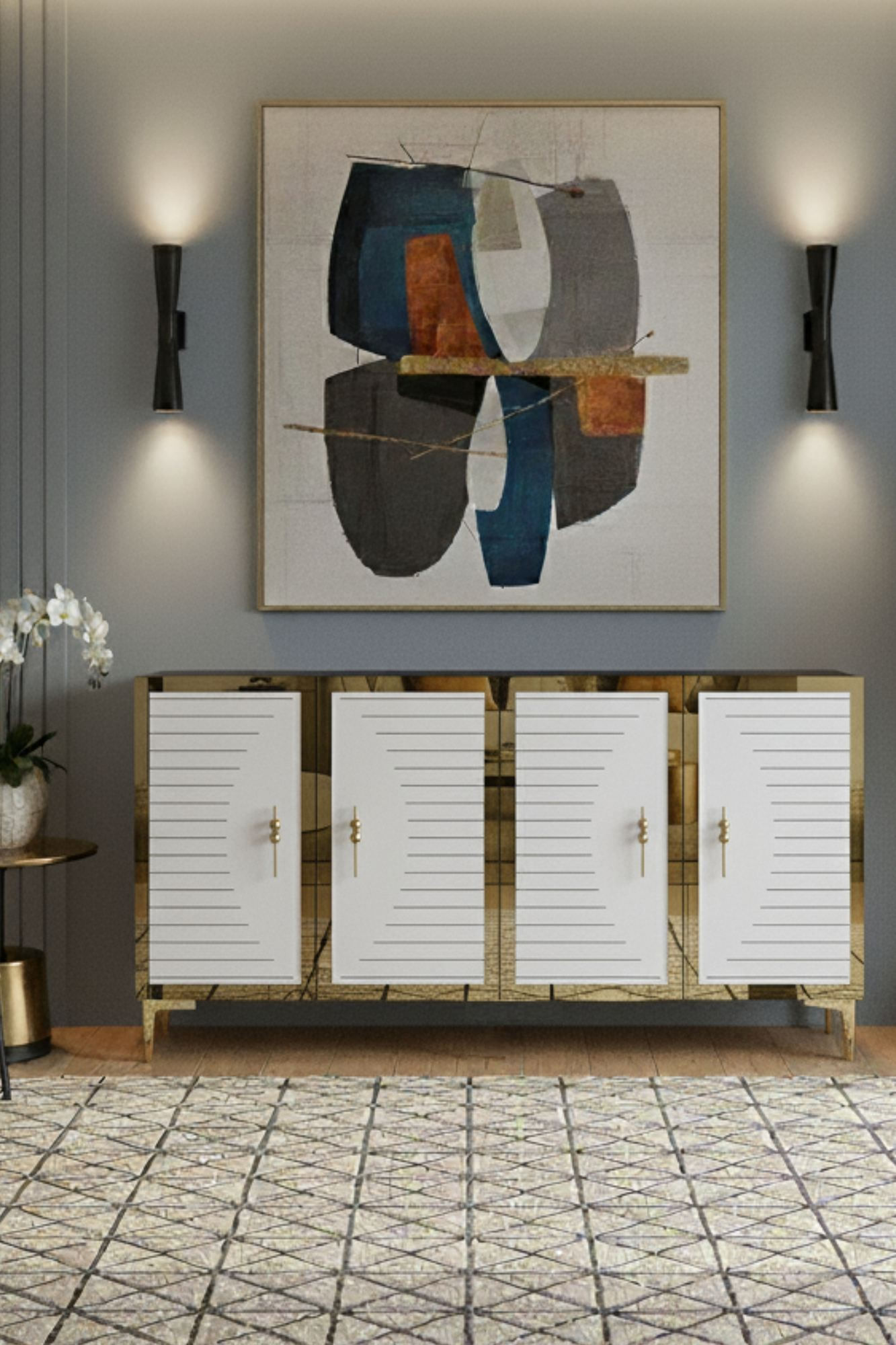 Consola Tuna 120, 120 x 75 x 32 cm, alb auriu, PAL melaminat, spatiu de depozitare, fixare pe perete, alb / gold — imaginea 8