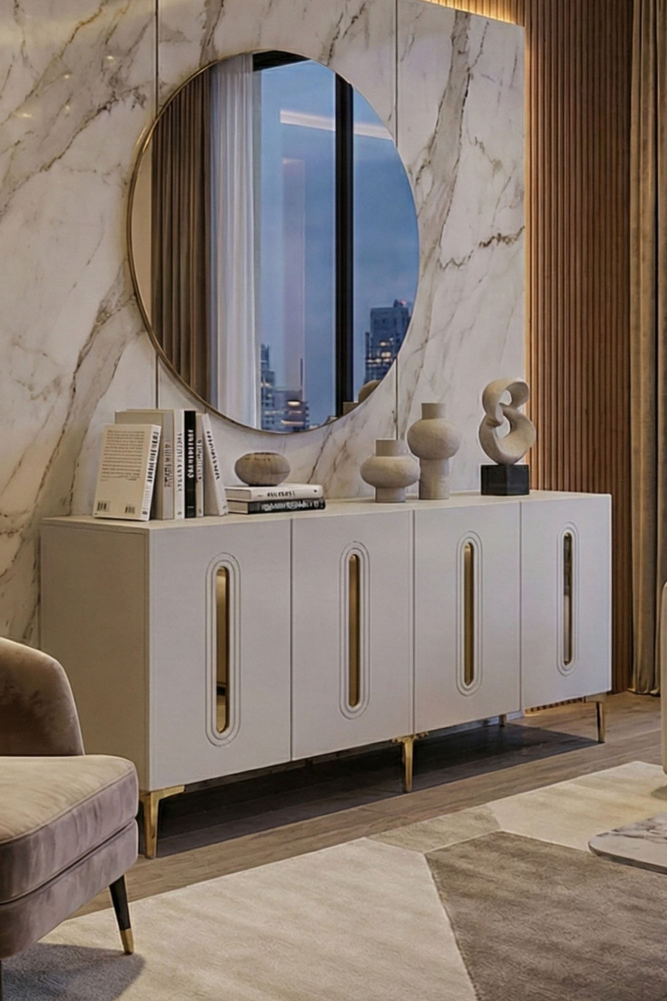 Consola Rany 180, 180 x 75 x 32 cm, alb auriu, PAL melaminat, oglinda inclusa, alb / gold — imaginea 4