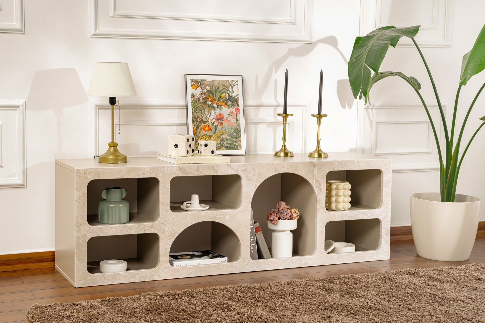 Consola Ferlis, 160 x 51 x 40 cm, traverten marmura bej nisip, PAL melaminat, traverten marble / sandstone — imaginea 4
