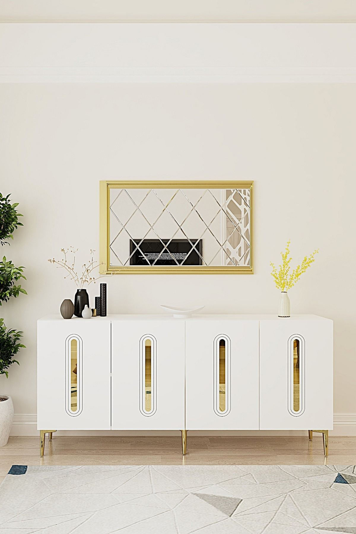 Consola Rany 180, 180 x 75 x 32 cm, alb auriu, PAL melaminat, oglinda inclusa, alb / gold — imaginea 5