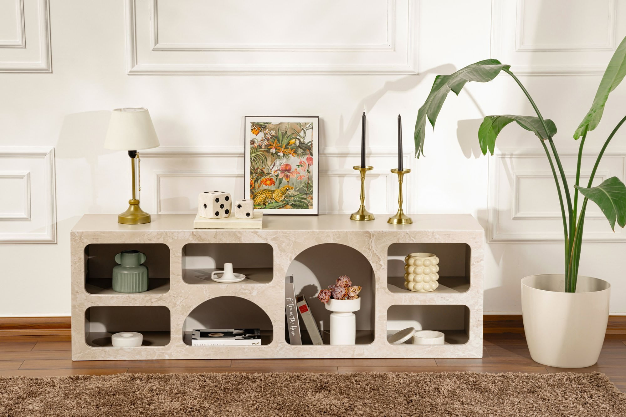 Consola Ferlis, 160 x 51 x 40 cm, traverten marmura bej nisip, PAL melaminat, traverten marble / sandstone — imaginea 5