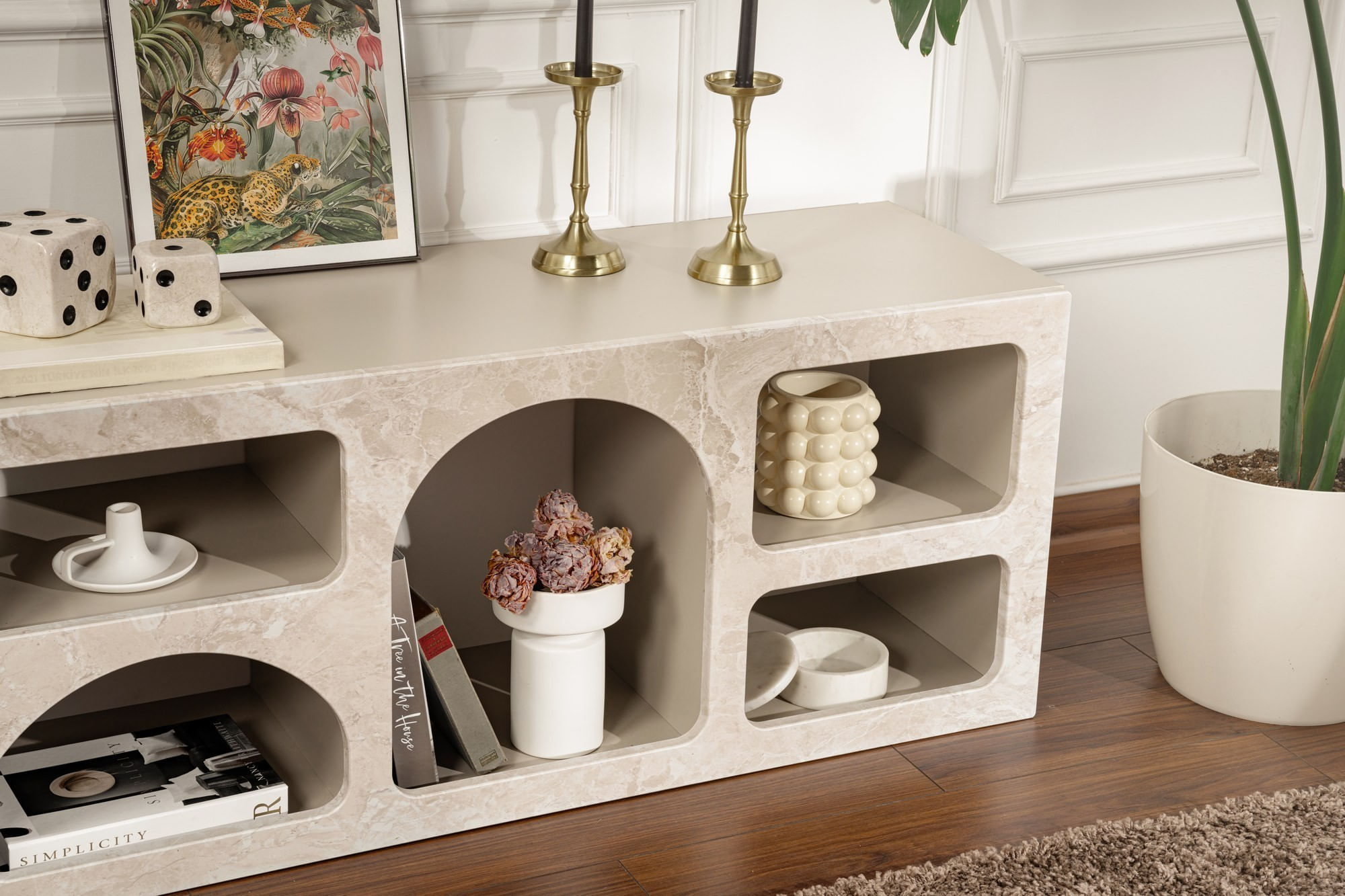 Consola Ferlis, 160 x 51 x 40 cm, traverten marmura bej nisip, PAL melaminat, traverten marble / sandstone — imaginea 6