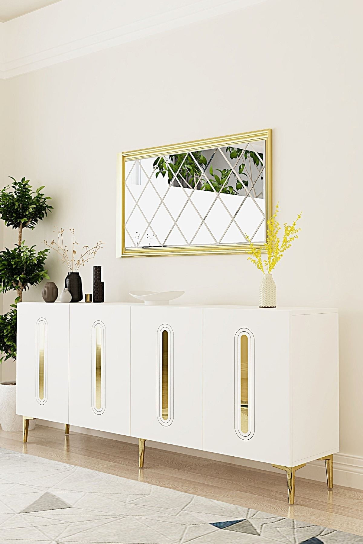 Consola Rany 180, 180 x 75 x 32 cm, alb auriu, PAL melaminat, oglinda inclusa, alb / gold — imaginea 7