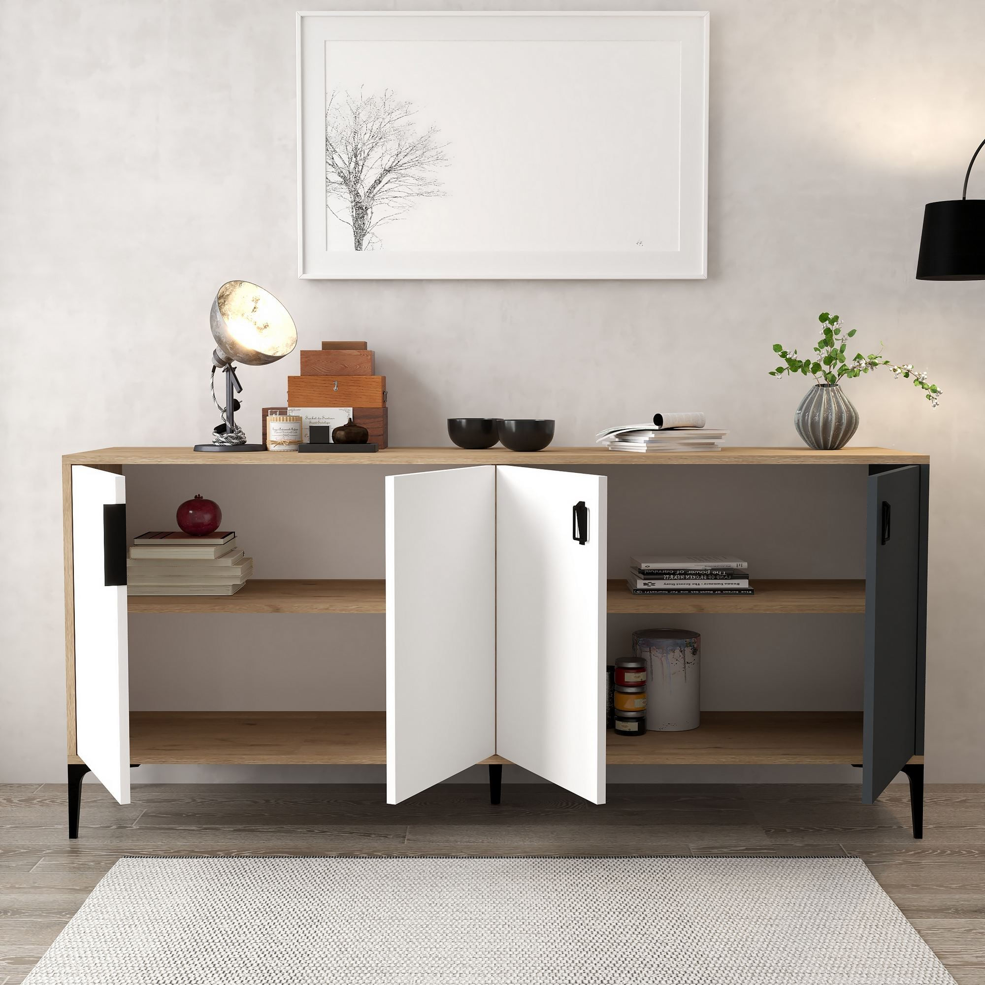Consola Neva 4002, 180 x 81 x 44 cm, stejar alb antracit, PAL melaminat — imaginea 2