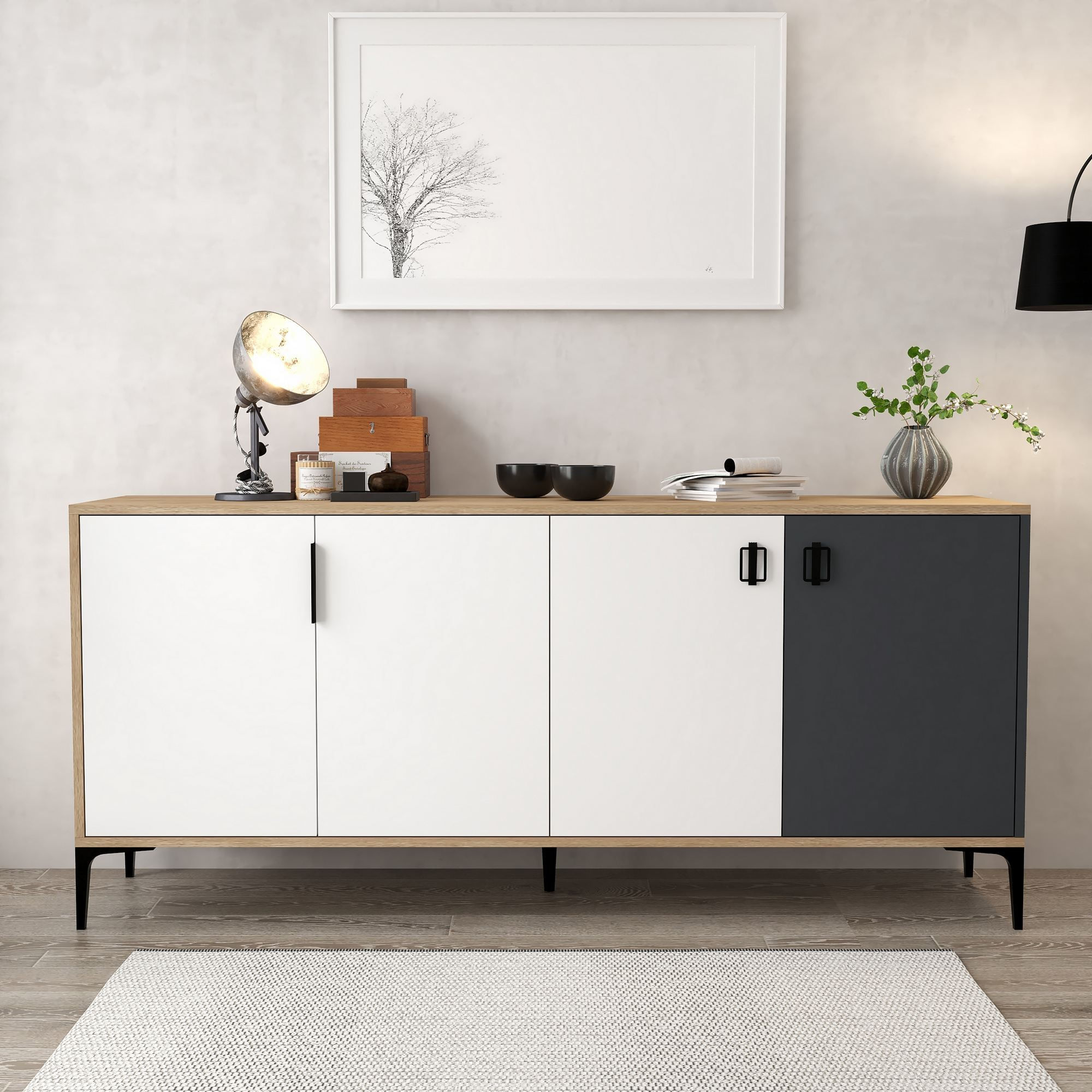 Consola Neva 4002, 180 x 81 x 44 cm, stejar alb antracit, PAL melaminat — imaginea 3