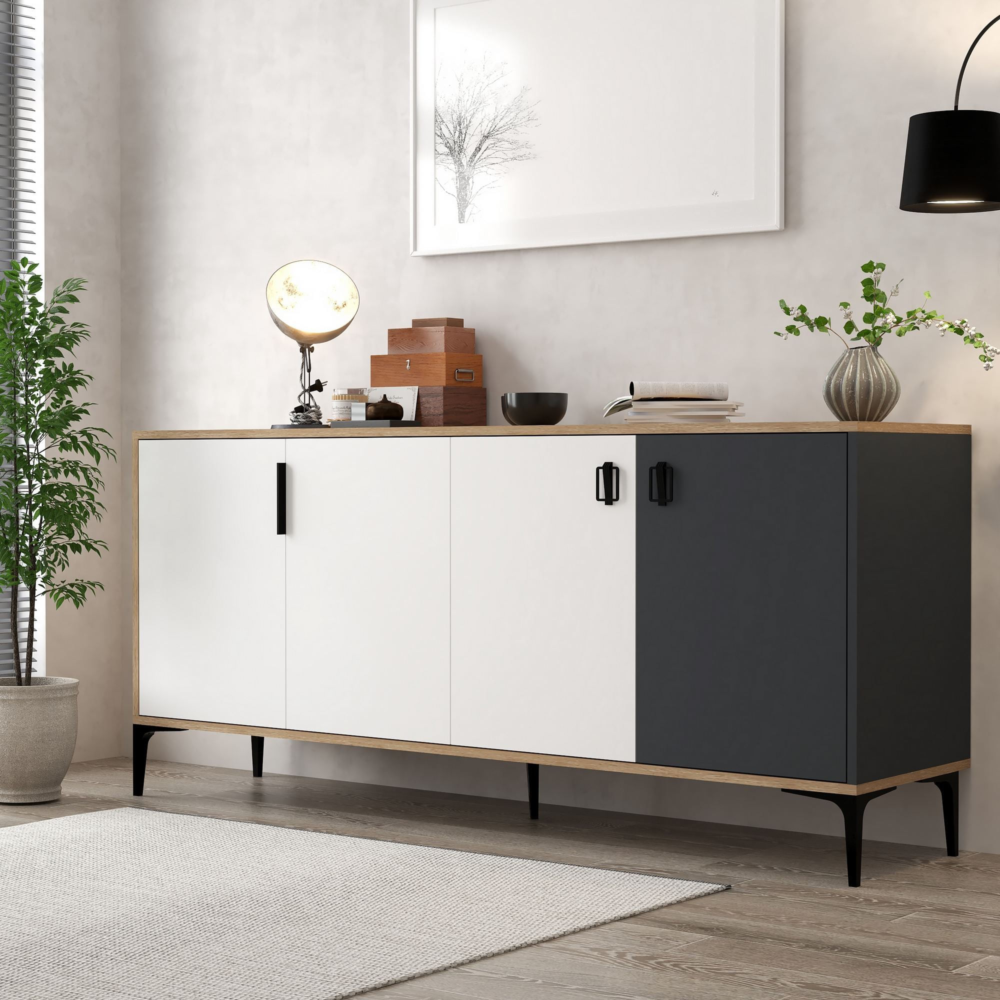 Consola Neva 4002, 180 x 81 x 44 cm, stejar alb antracit, PAL melaminat — imaginea 4