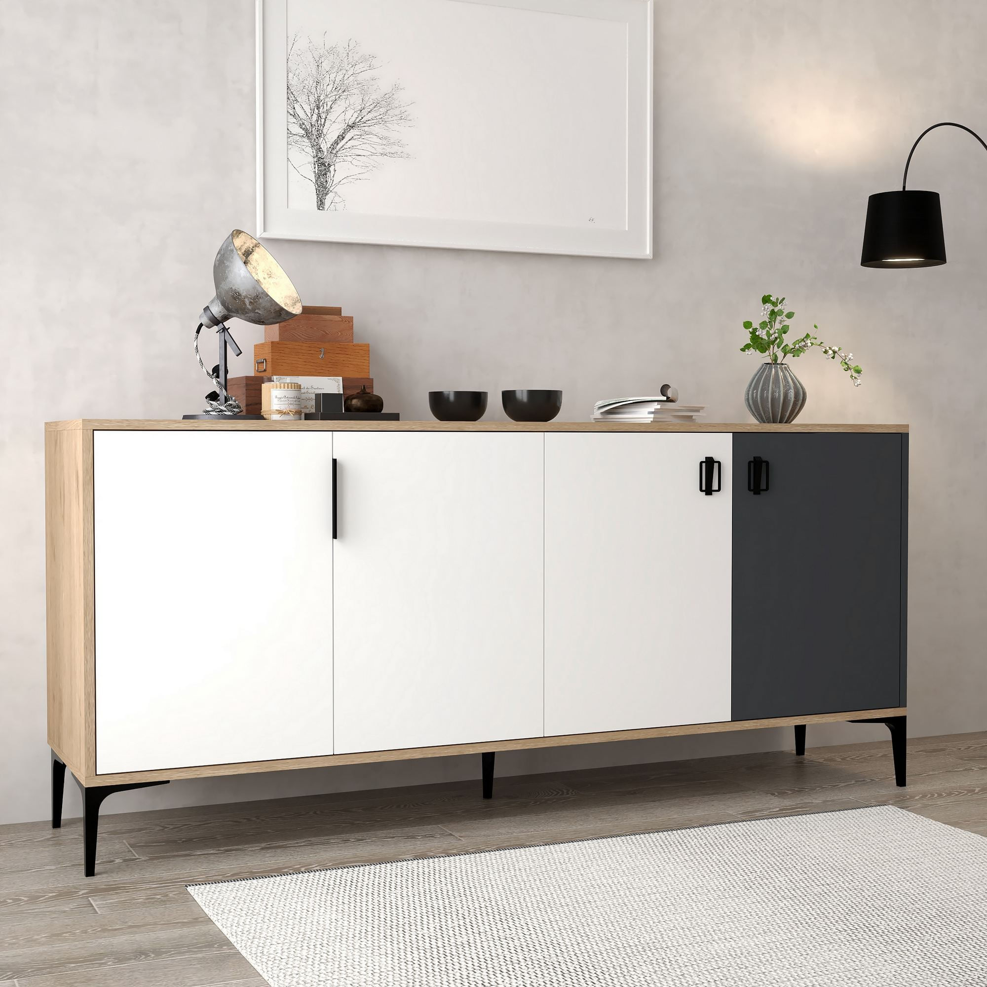 Consola Neva 4002, 180 x 81 x 44 cm, stejar alb antracit, PAL melaminat — imaginea 5