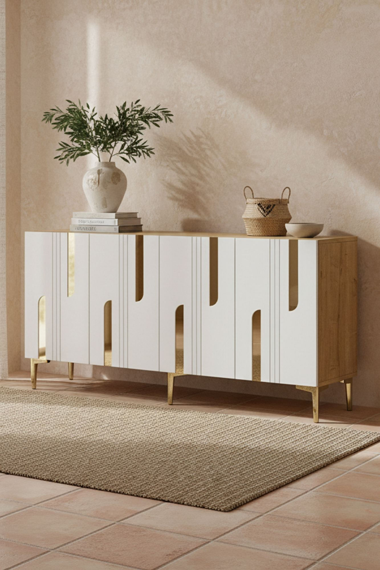 Consola Nota 150, 150 x 75 x 32 cm, alb auriu, PAL melaminat, alb / gold — imaginea 2