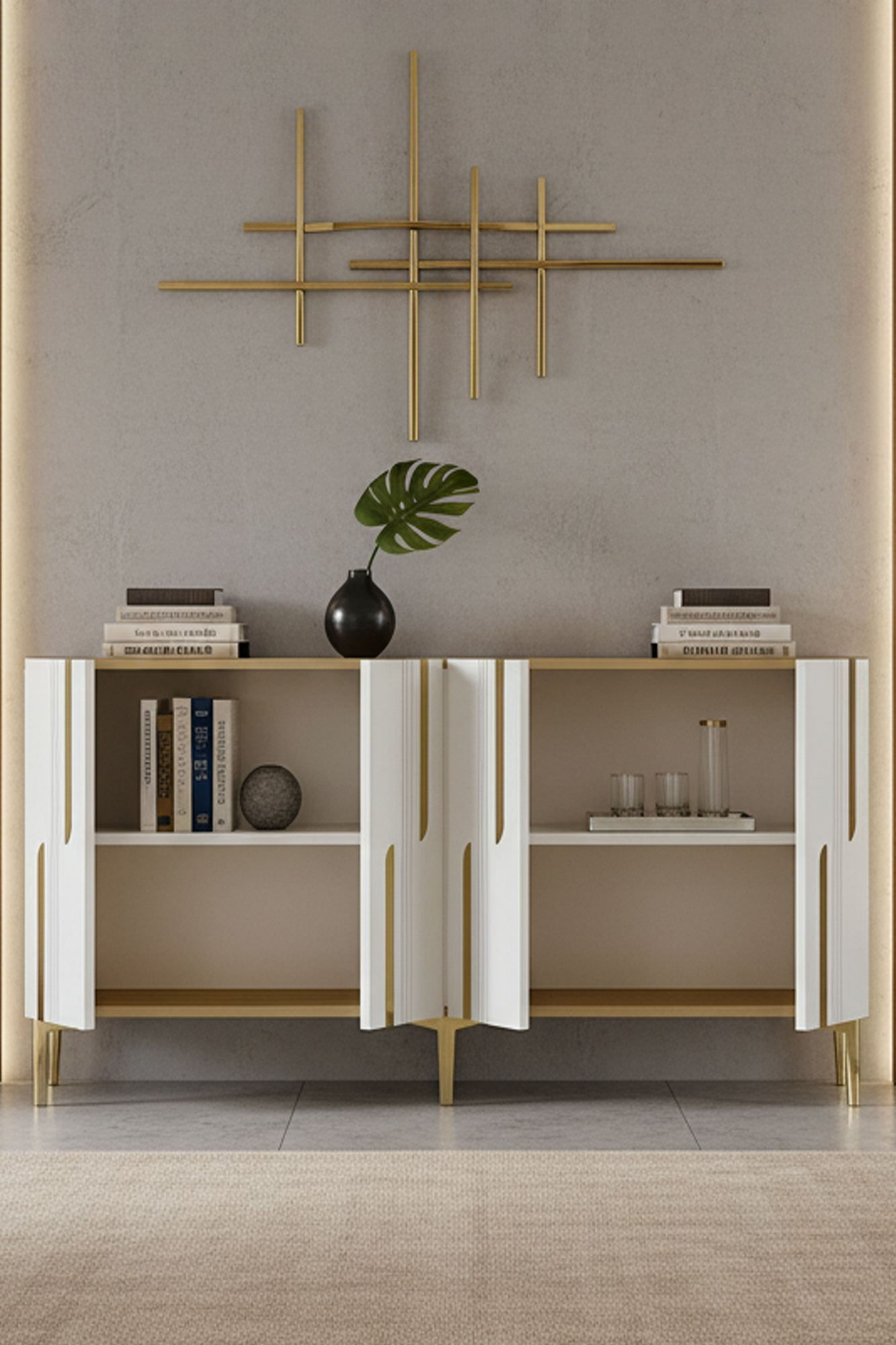 Consola Nota 150, 150 x 75 x 32 cm, alb auriu, PAL melaminat, alb / gold — imaginea 6