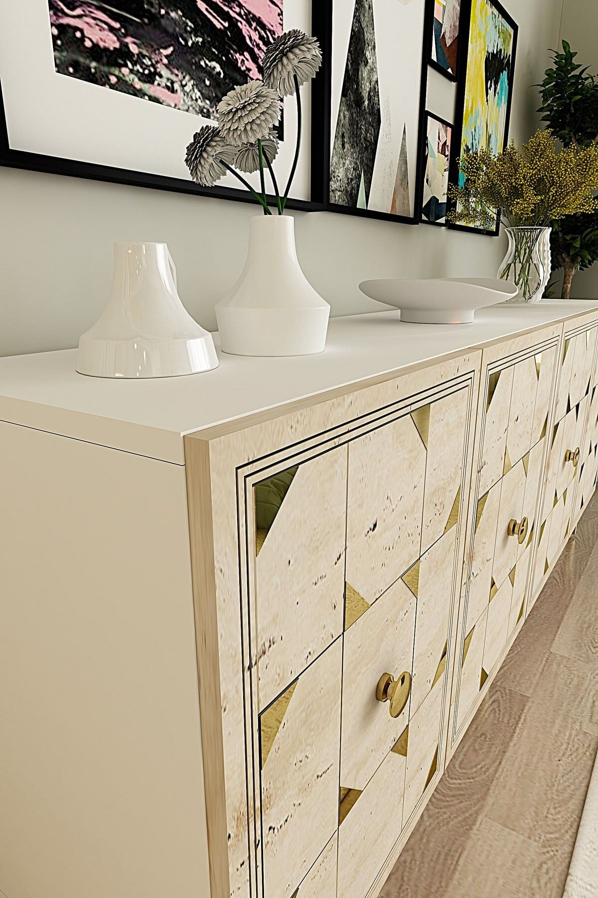 Consola Moka 180, 180 x 75 x 32 cm, alb travertin auriu, PAL melaminat, oglinda inclusa, alb / travertin / gold — imaginea 3