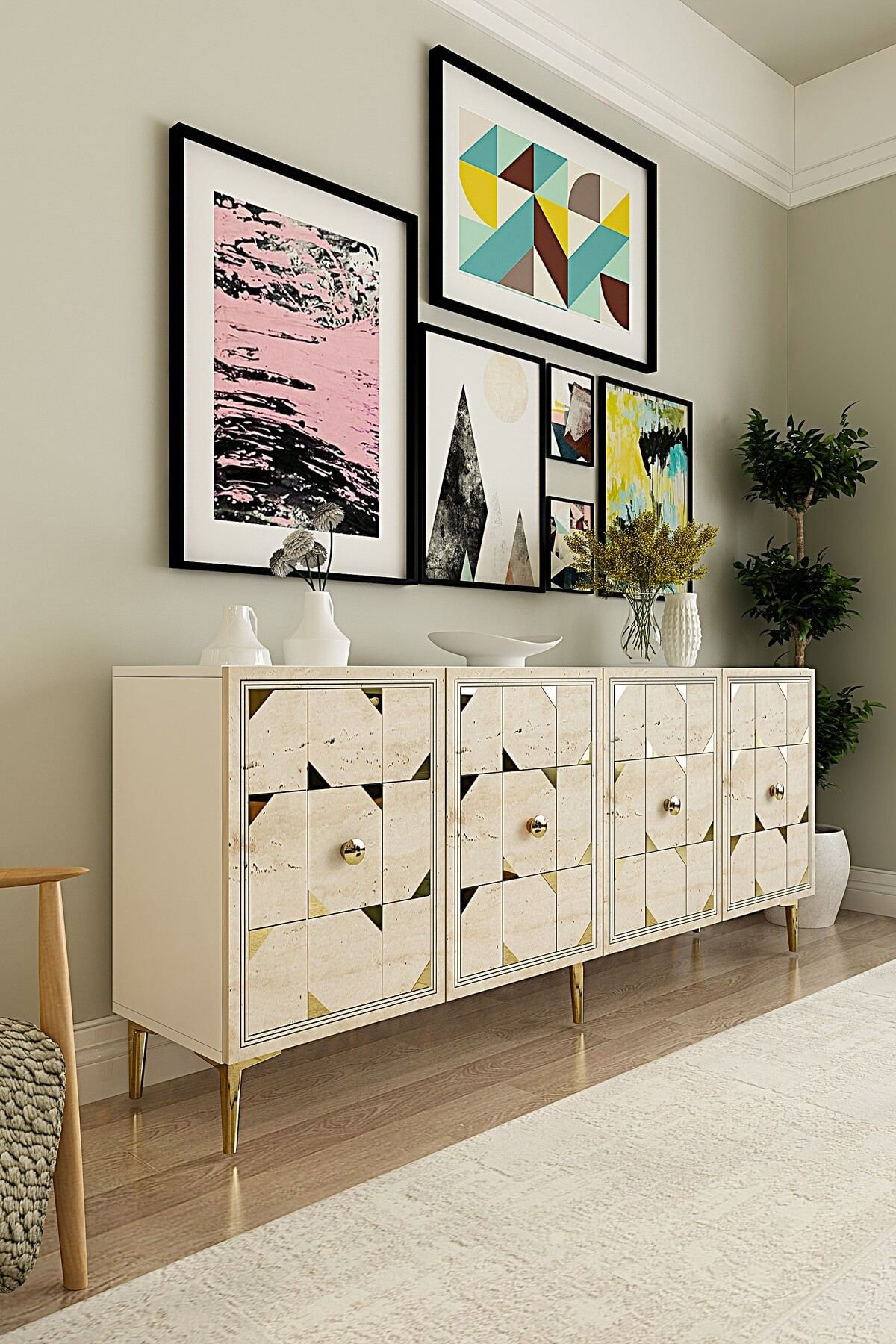 Consola Moka 180, 180 x 75 x 32 cm, alb travertin auriu, PAL melaminat, oglinda inclusa, alb / travertin / gold — imaginea 8