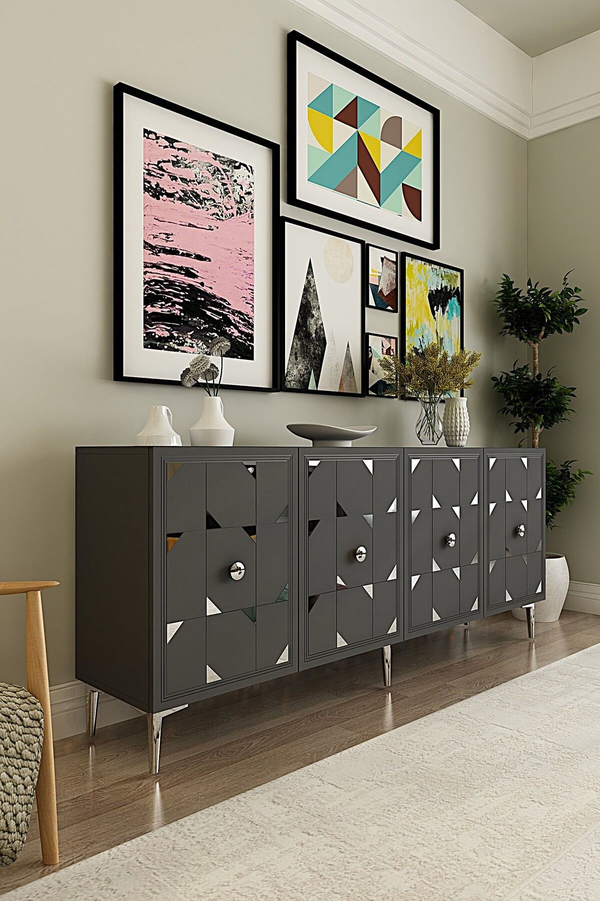 Consola Moka 180, 180 x 75 x 32 cm, antracit argintiu, PAL melaminat, oglinda inclusa, antracit / silver — imaginea 5