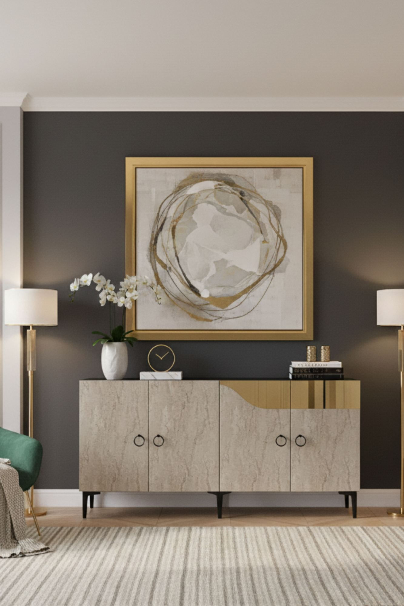 Consola Gama 150, 150 x 75 x 32 cm, alb travertin auriu, PAL melaminat, spatiu de depozitare, fixare pe perete, alb / travertin / gold