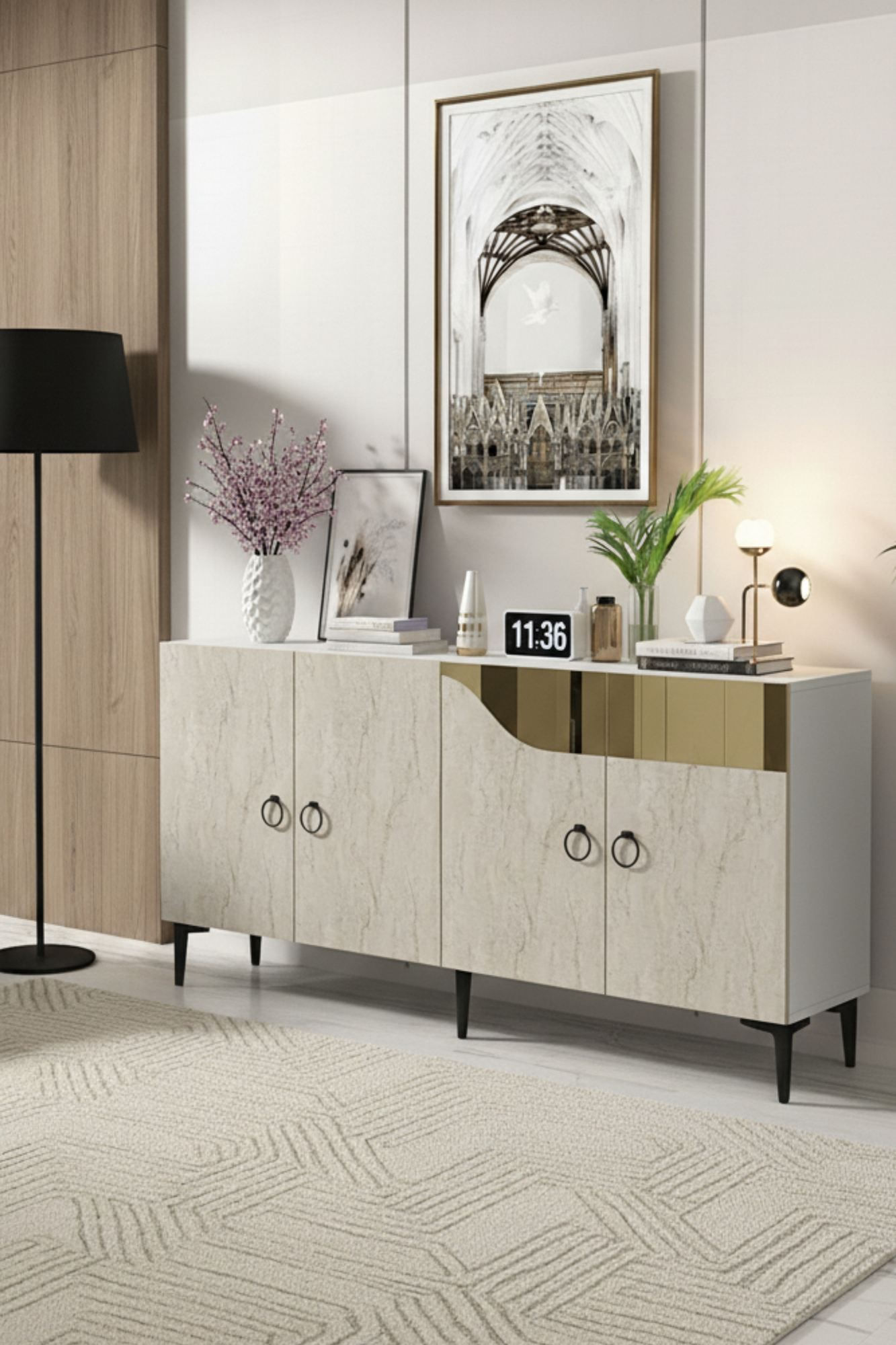 Consola Gama 150, 150 x 75 x 32 cm, alb travertin auriu, PAL melaminat, spatiu de depozitare, fixare pe perete, alb / travertin / gold — imaginea 3