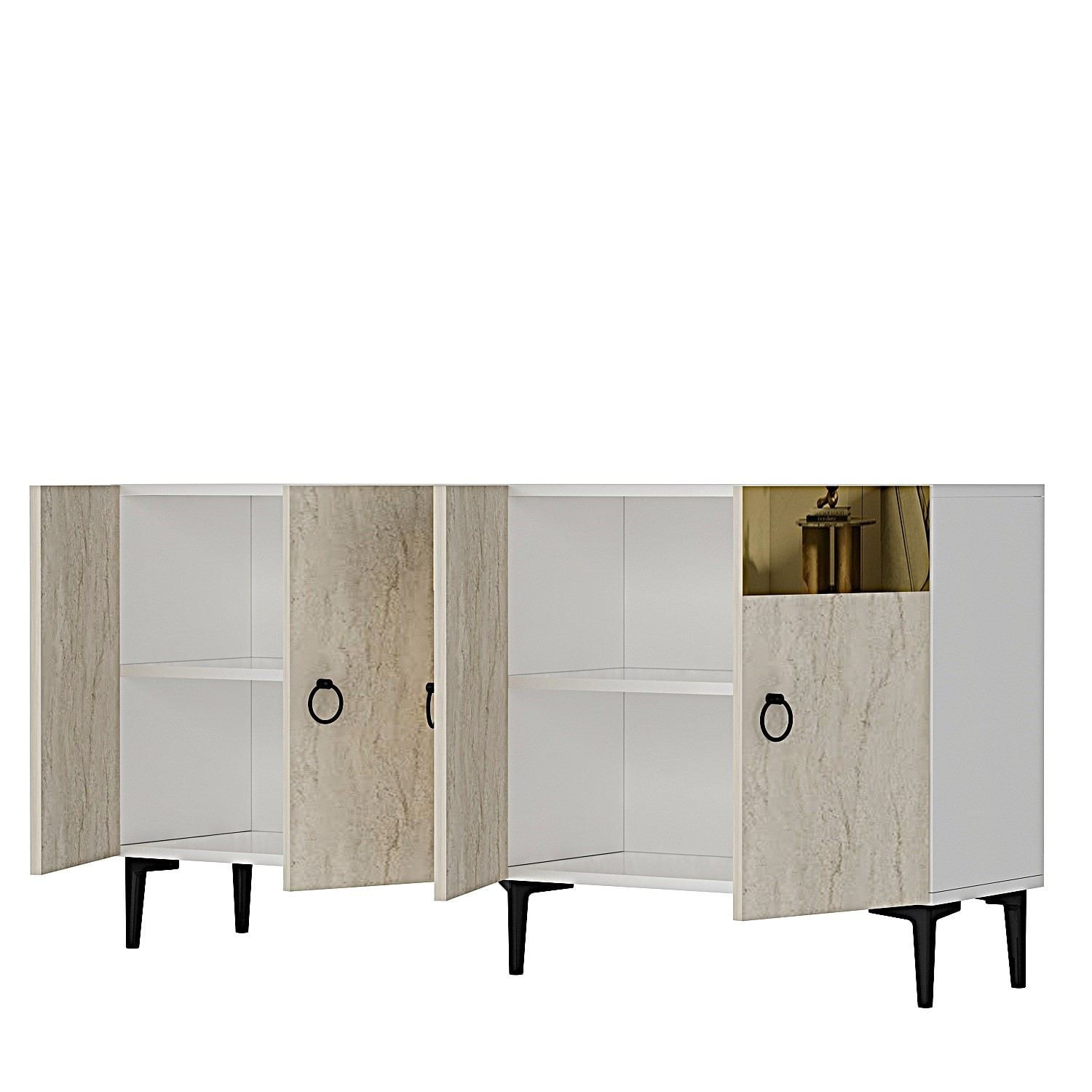 Consola Gama 150, 150 x 75 x 32 cm, alb travertin auriu, PAL melaminat, spatiu de depozitare, fixare pe perete, alb / travertin / gold — imaginea 4