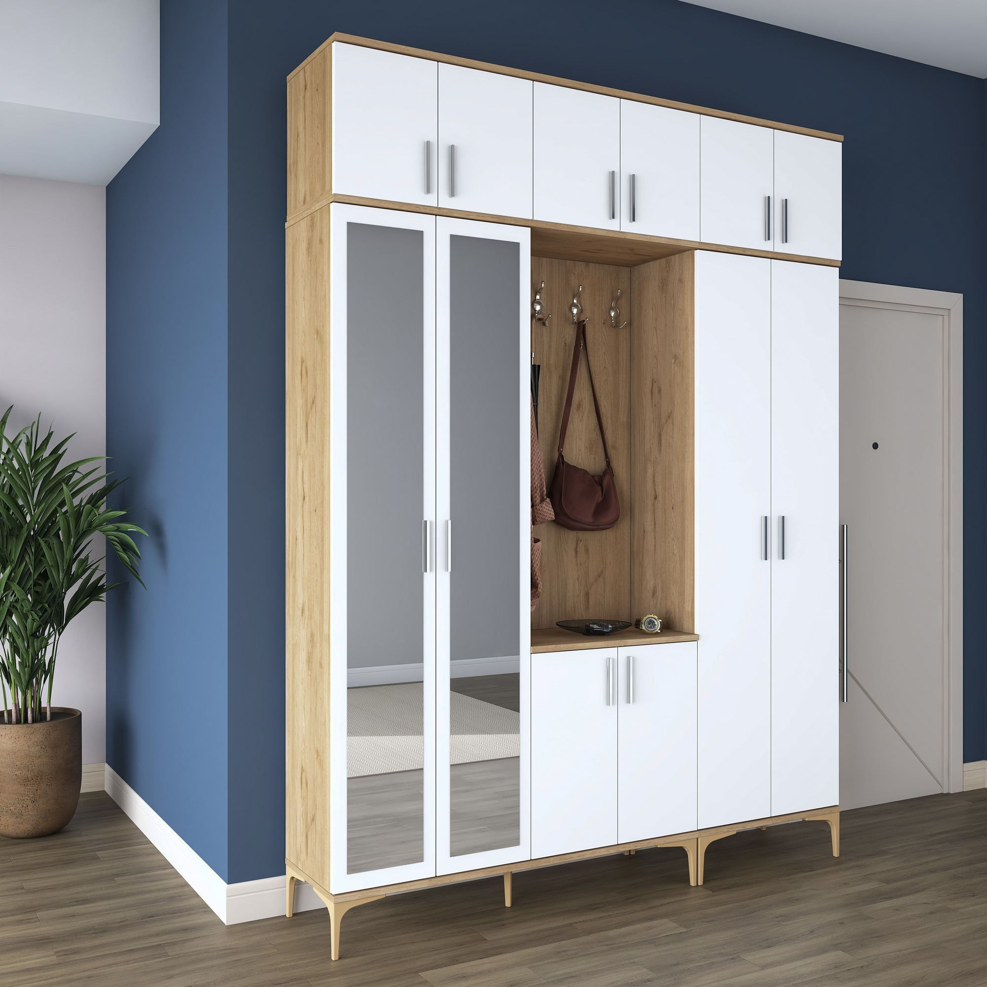 Cuier hol EA157, 180 x 240 x 37,5 cm, nuc alb, PAL, spatiu de depozitare, fixare pe perete — imaginea 2