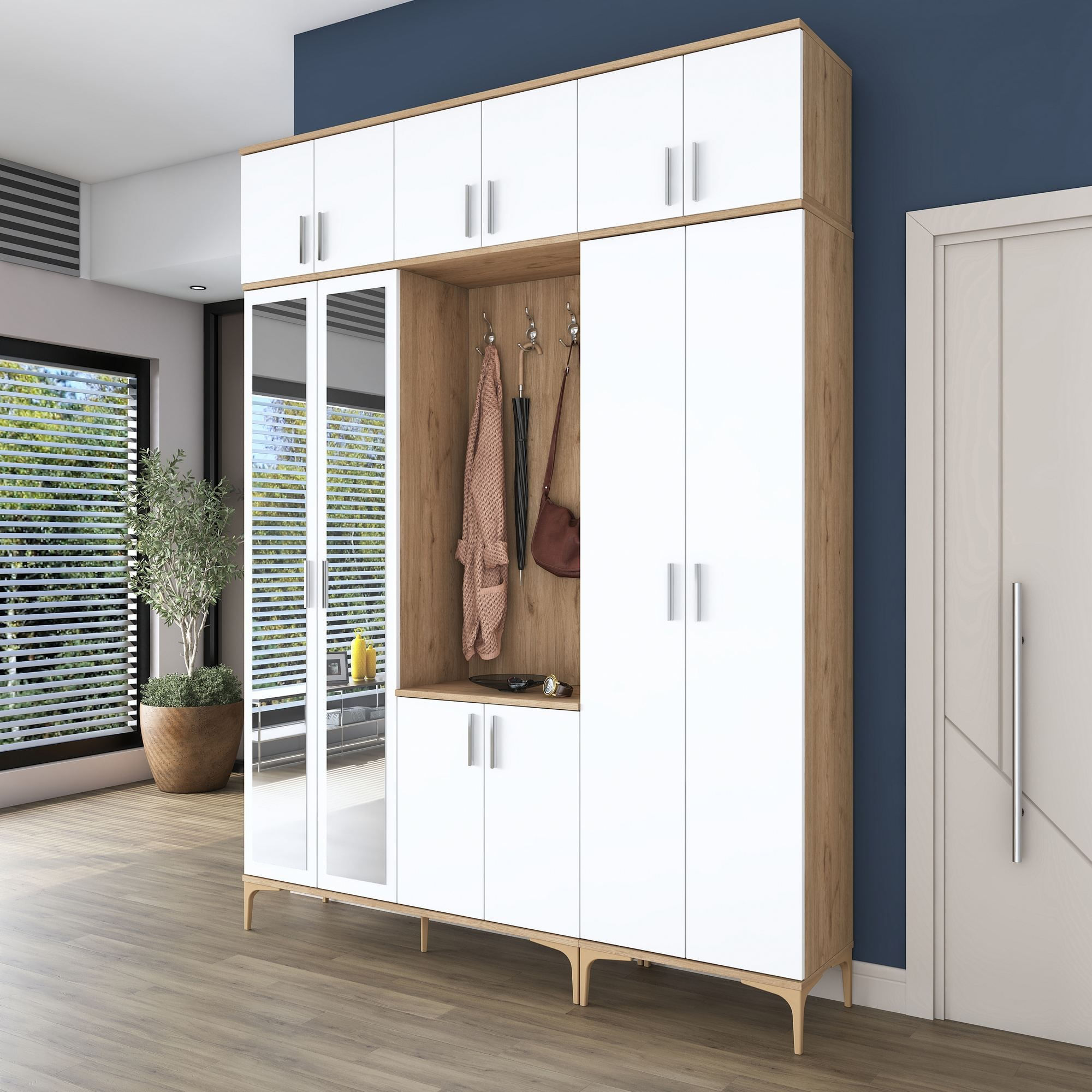 Cuier hol EA157, 180 x 240 x 37,5 cm, nuc alb, PAL, spatiu de depozitare, fixare pe perete — imaginea 4