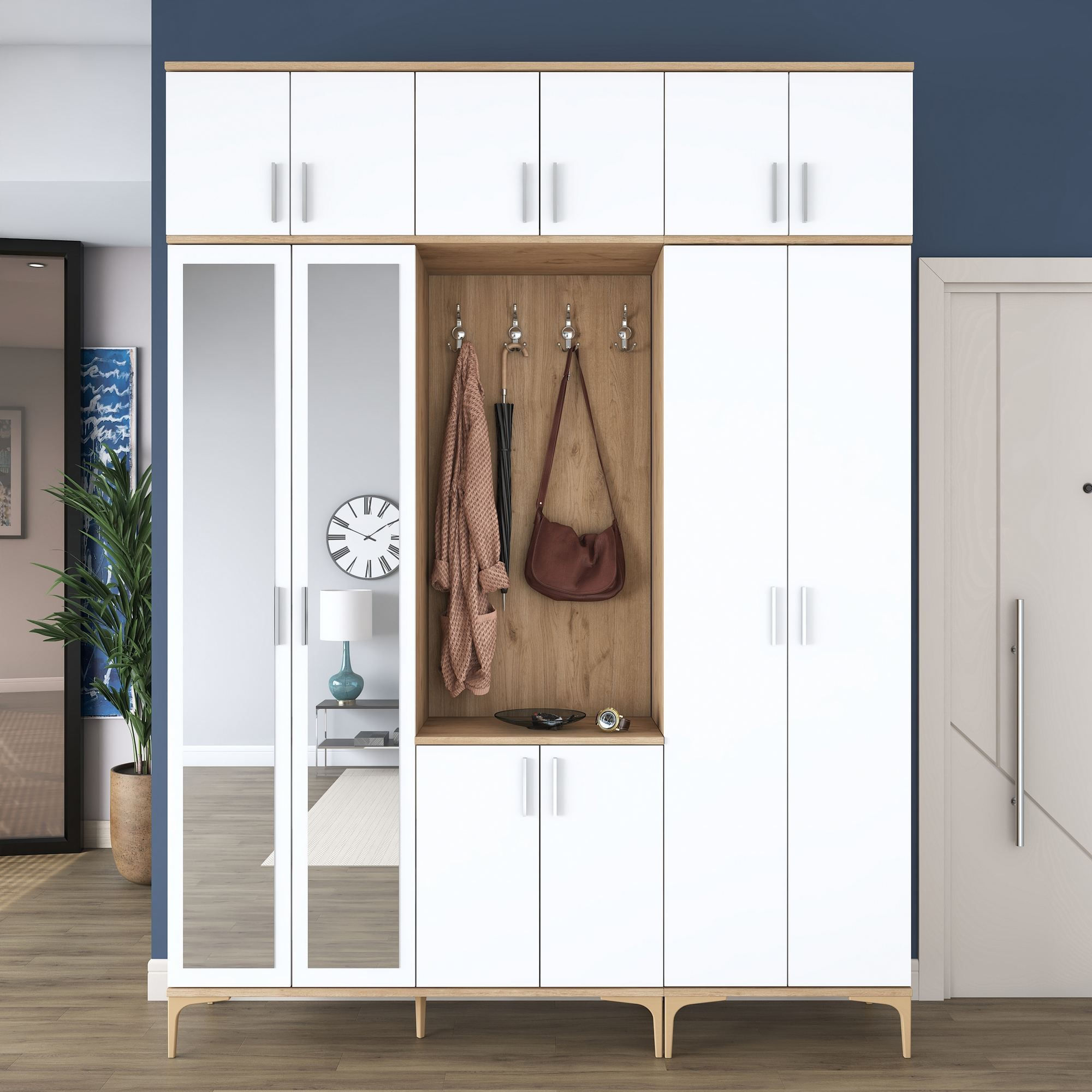 Cuier hol EA157, 180 x 240 x 37,5 cm, nuc alb, PAL, spatiu de depozitare, fixare pe perete — imaginea 9