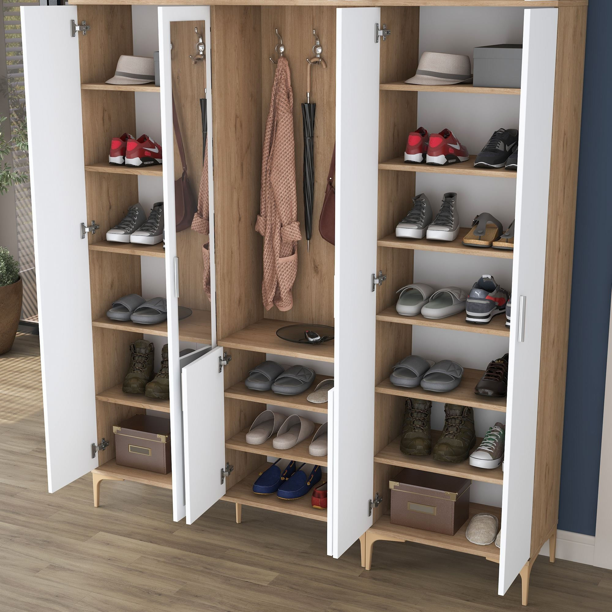 Cuier hol EA157, 180 x 240 x 37,5 cm, nuc alb, PAL, spatiu de depozitare, fixare pe perete — imaginea 10