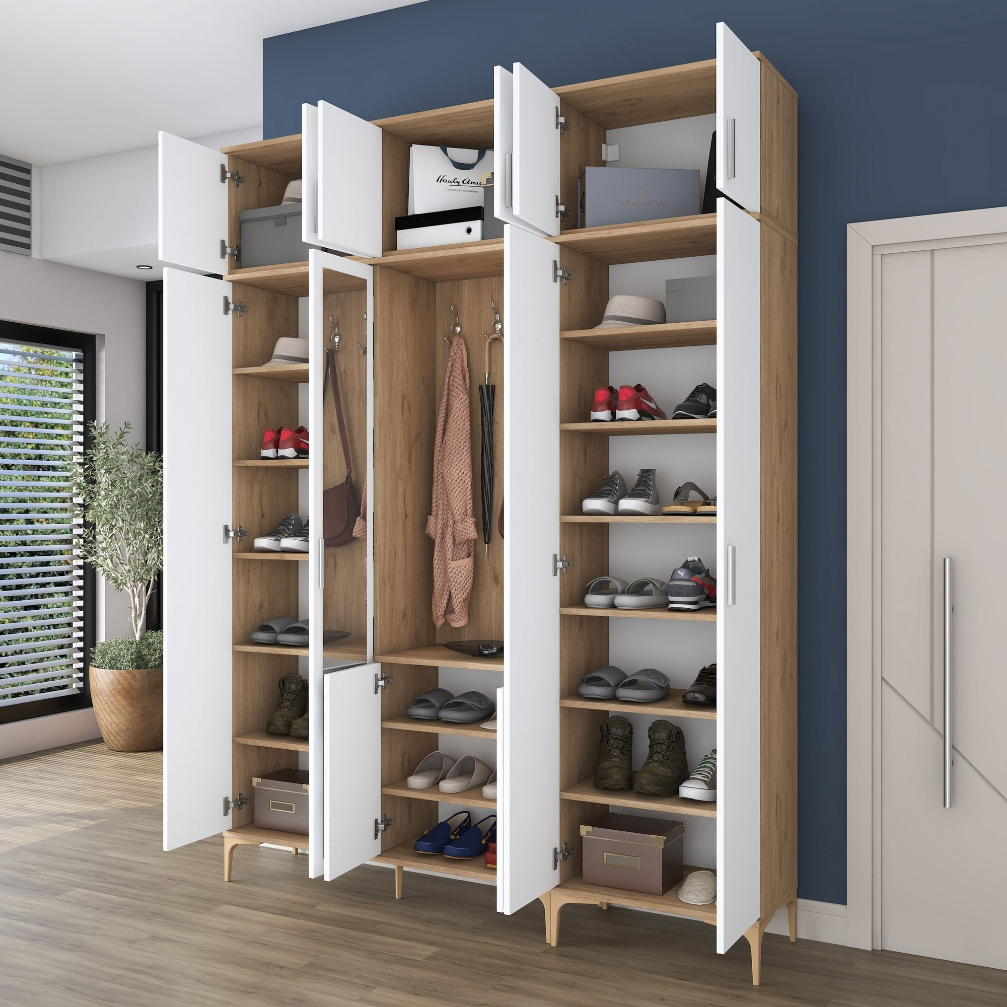 Cuier hol EA157, 180 x 240 x 37,5 cm, nuc alb, PAL, spatiu de depozitare, fixare pe perete — imaginea 13