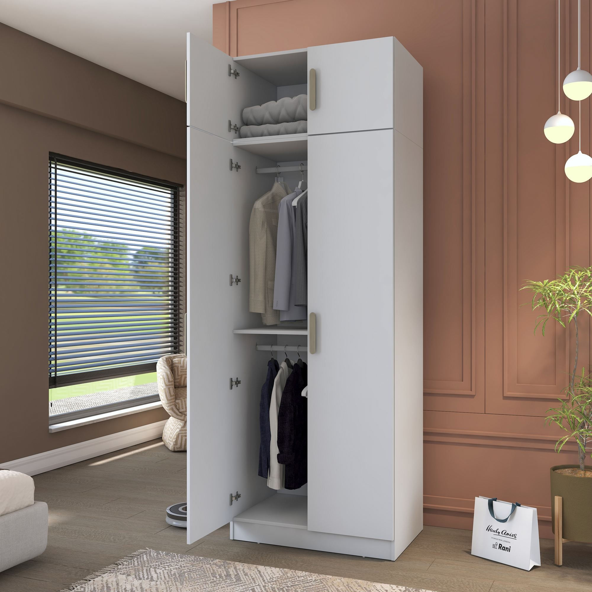 Dulap haine BA209, 90 x 255 x 57,5 cm, alb, PAL, spatiu de depozitare, fixare pe perete — imaginea 2