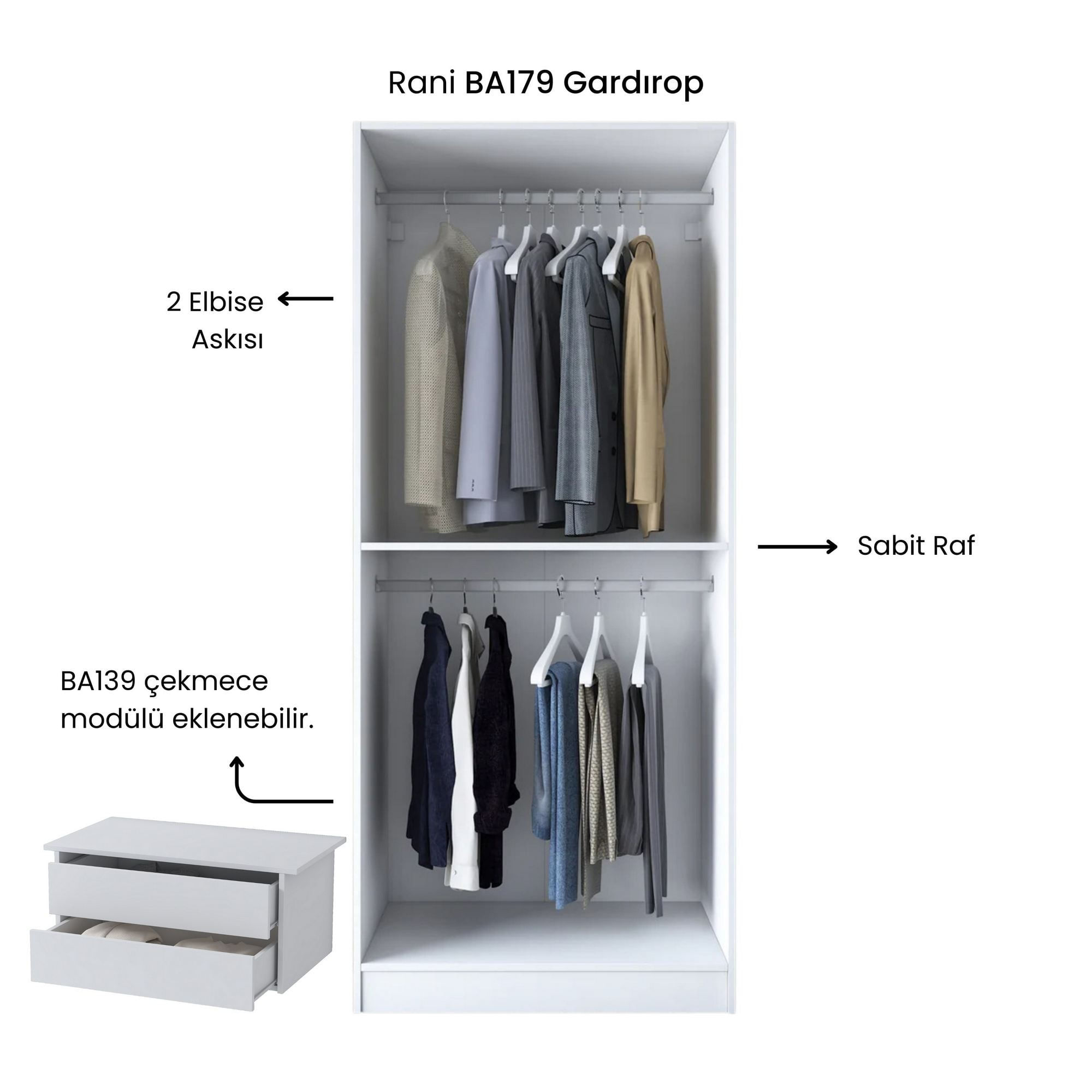 Dulap haine BA179, 90 x 210 x 57,5 cm, alb, PAL, spatiu de depozitare, fixare pe perete — imaginea 2