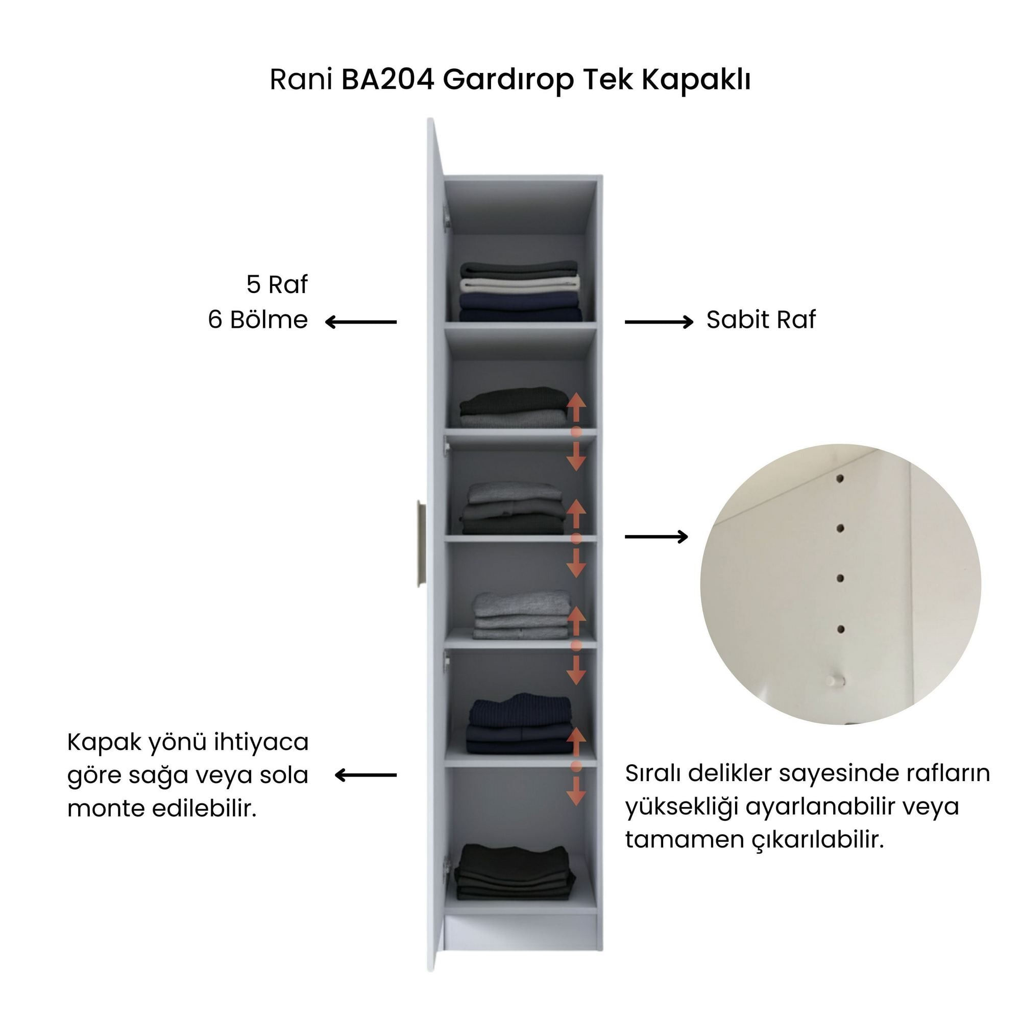 Dulap haine BA204, 45 x 210 x 45 cm, alb, PAL, spatiu de depozitare, fixare pe perete — imaginea 3