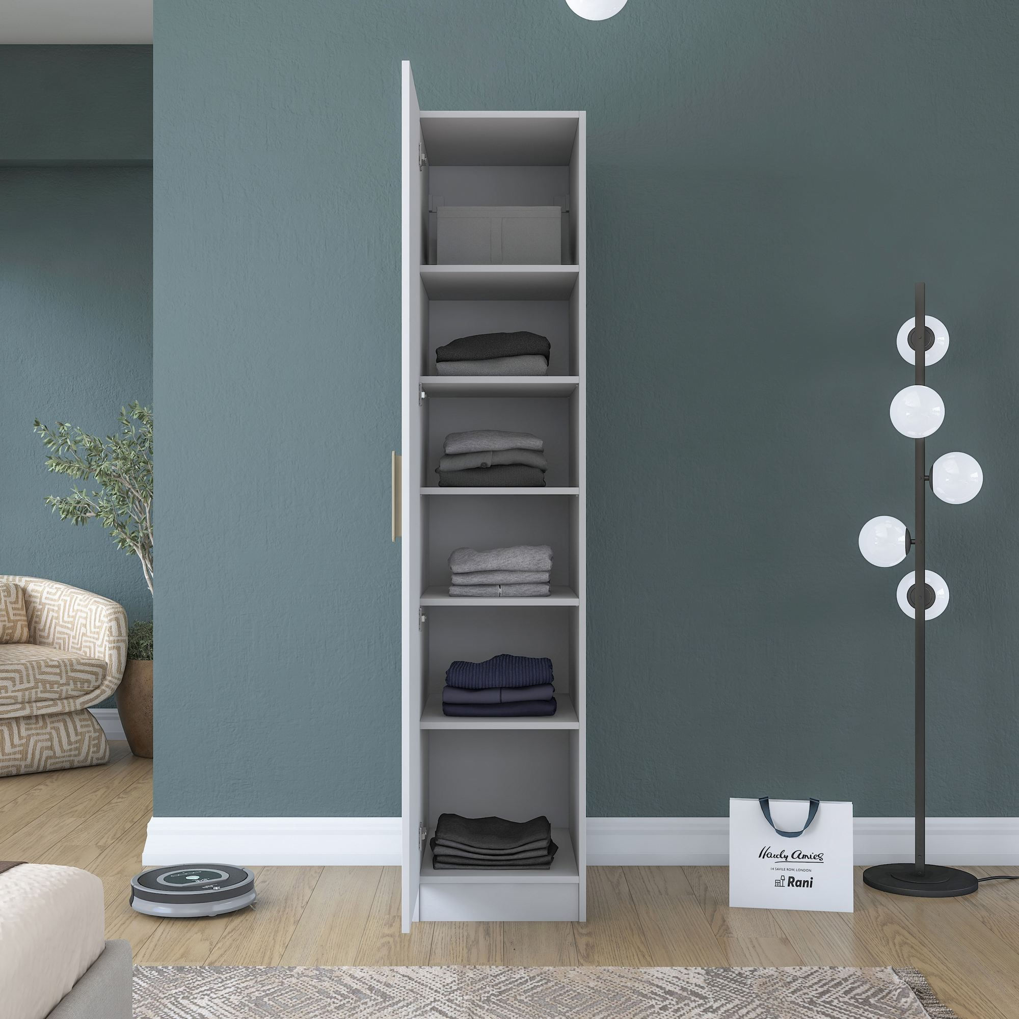 Dulap haine BA204, 45 x 210 x 45 cm, alb, PAL, spatiu de depozitare, fixare pe perete — imaginea 11