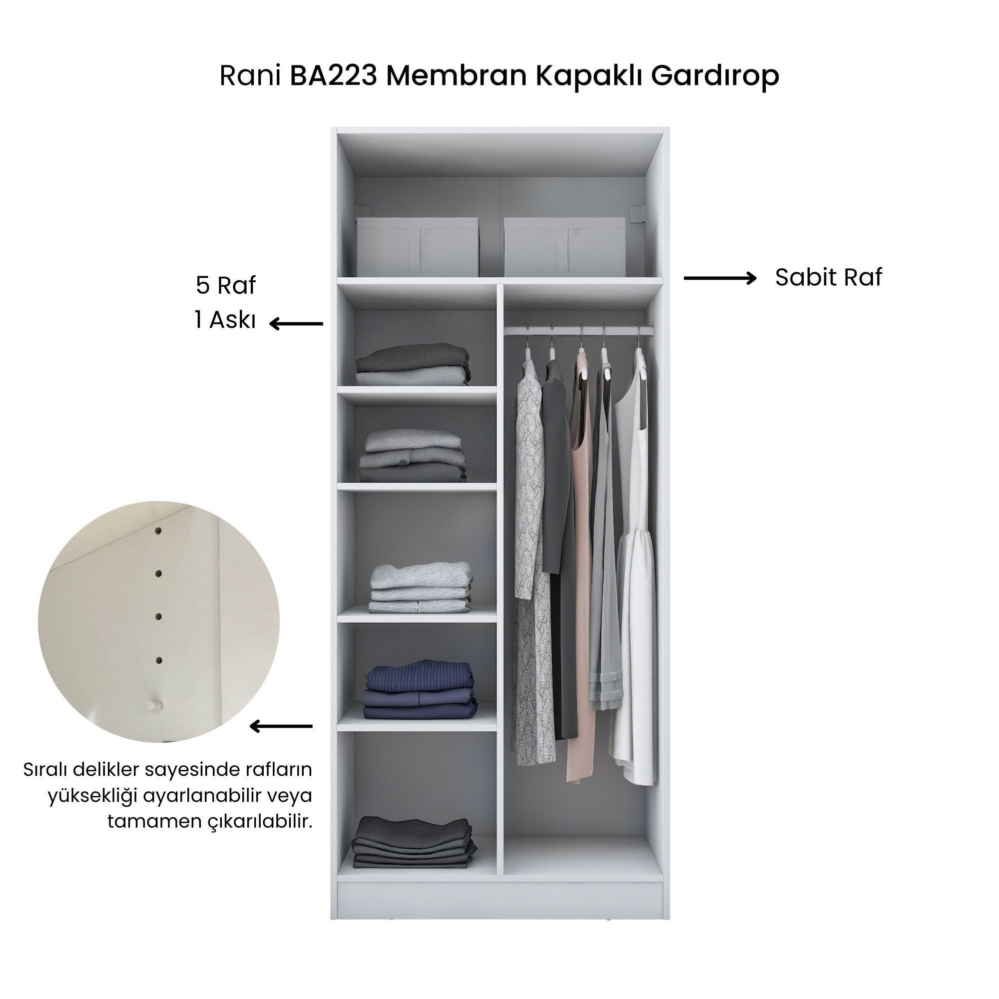 Dulap haine BA223, 90 x 210 x 57,5 cm, alb, PAL, spatiu de depozitare, fixare pe perete — imaginea 11