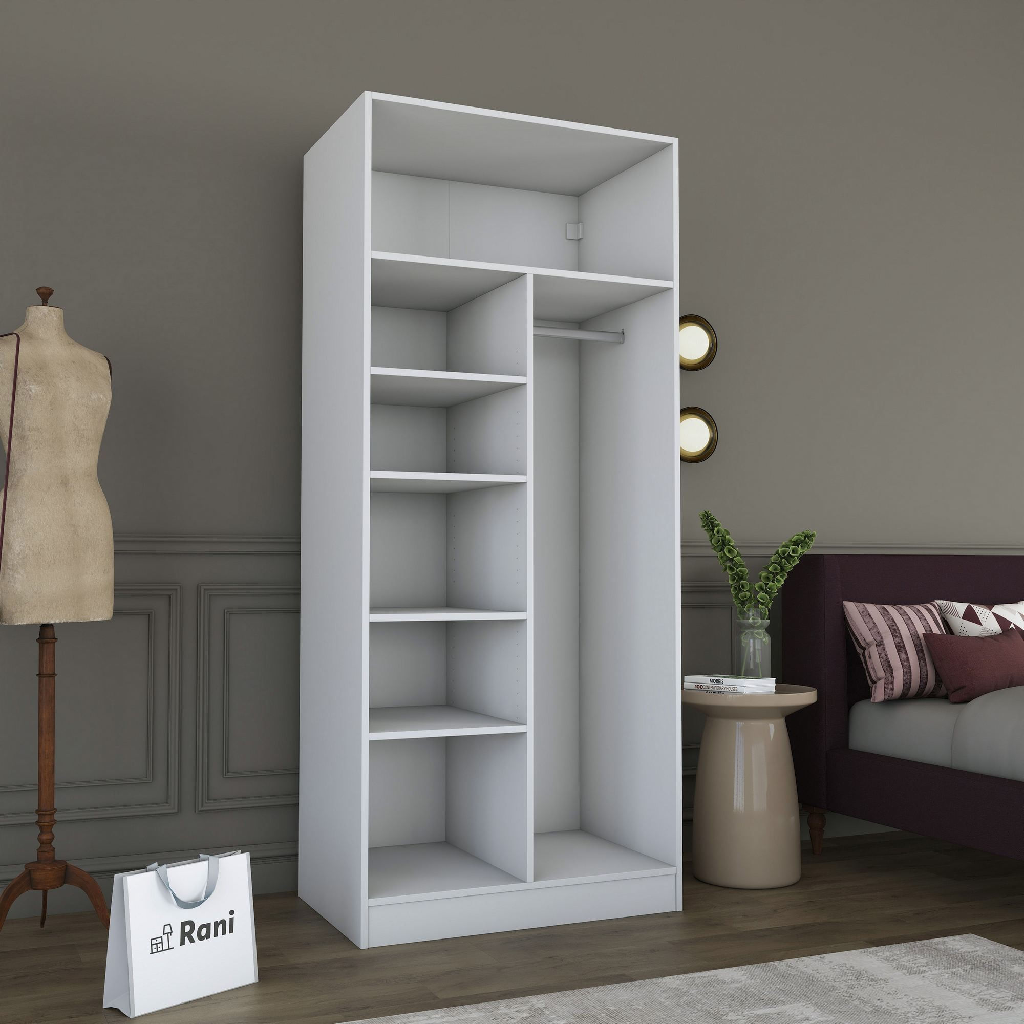 Dulap haine BA225, 90 x 210 x 57,5 cm, alb, PAL, spatiu de depozitare, fixare pe perete — imaginea 2