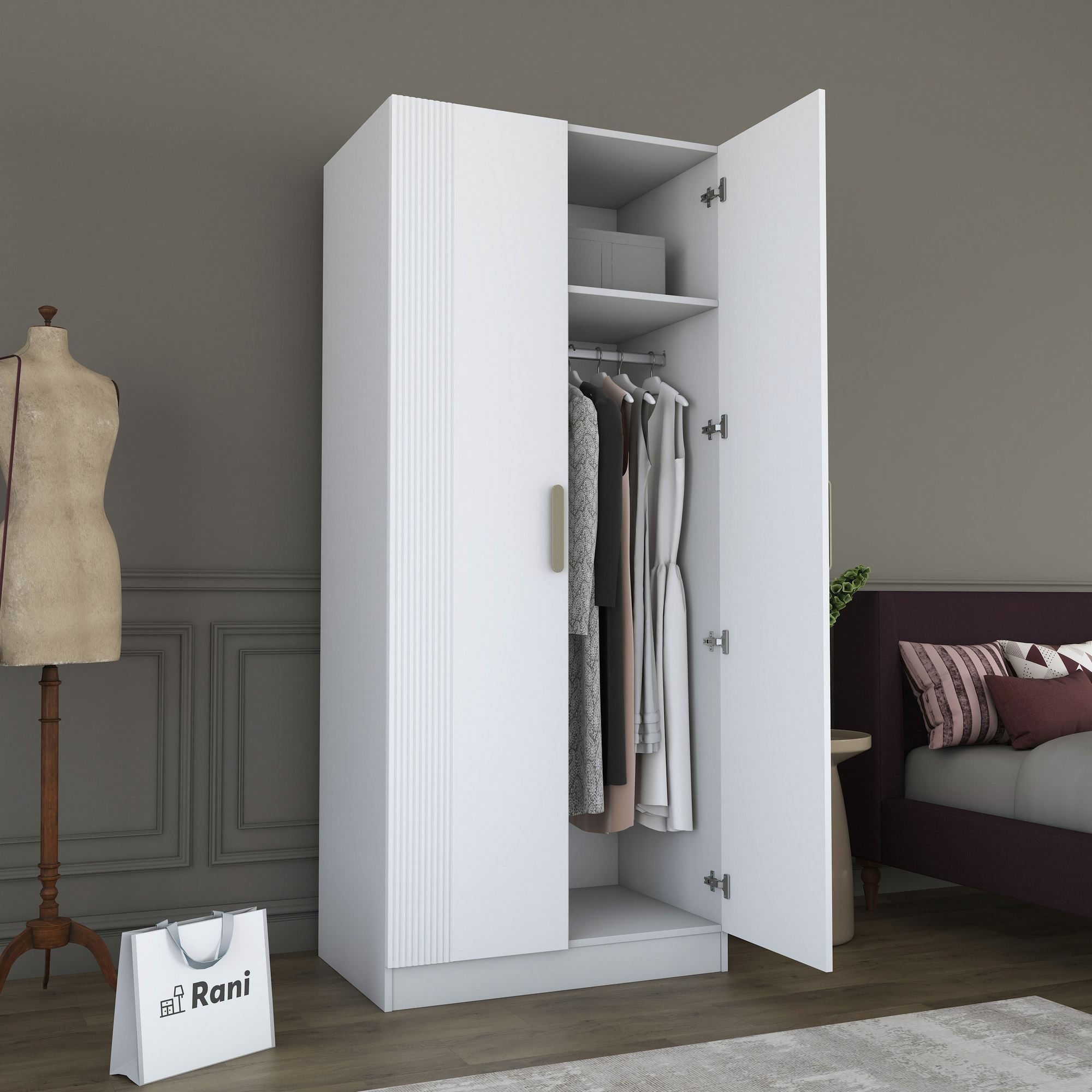 Dulap haine BA225, 90 x 210 x 57,5 cm, alb, PAL, spatiu de depozitare, fixare pe perete — imaginea 10