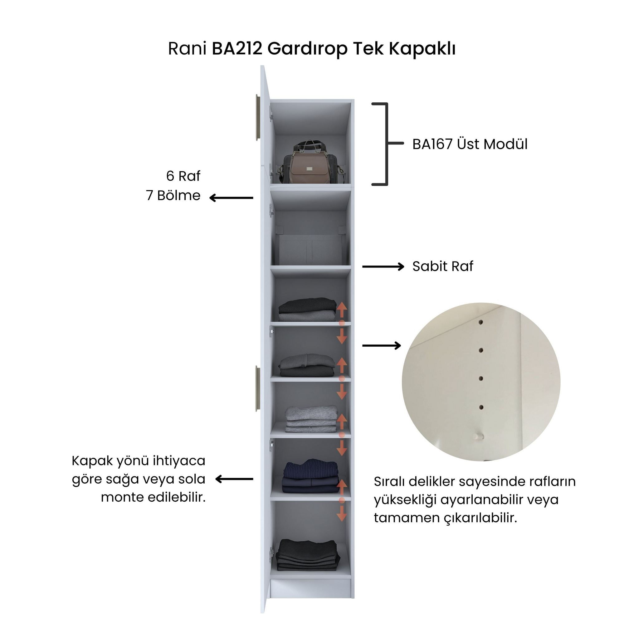 Dulap haine BA212, 45 x 255 x 57,5 cm, alb, PAL, spatiu de depozitare, fixare pe perete — imaginea 10