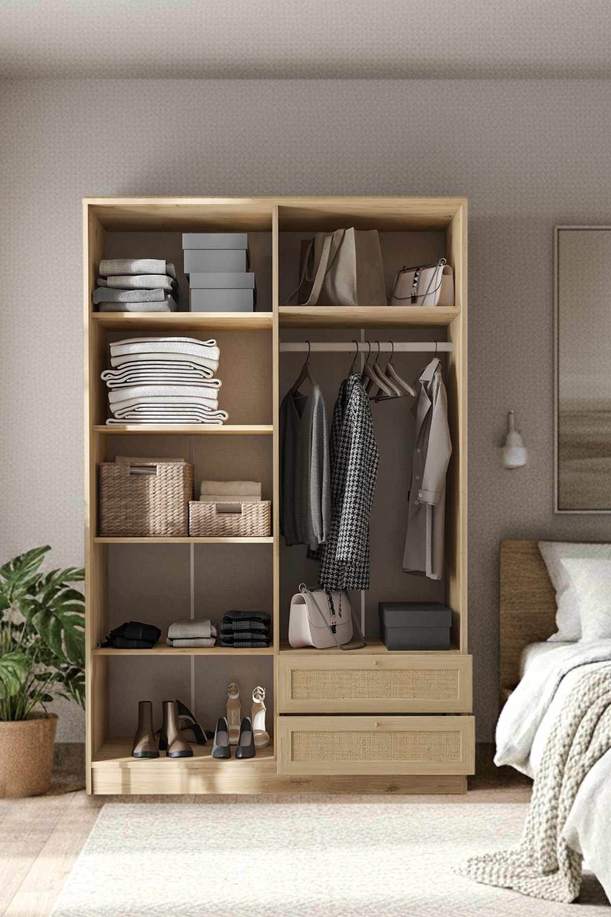 Dulap haine Baru 210, 137 x 210 x 52 cm, bej, PAL melaminat, organizare haine