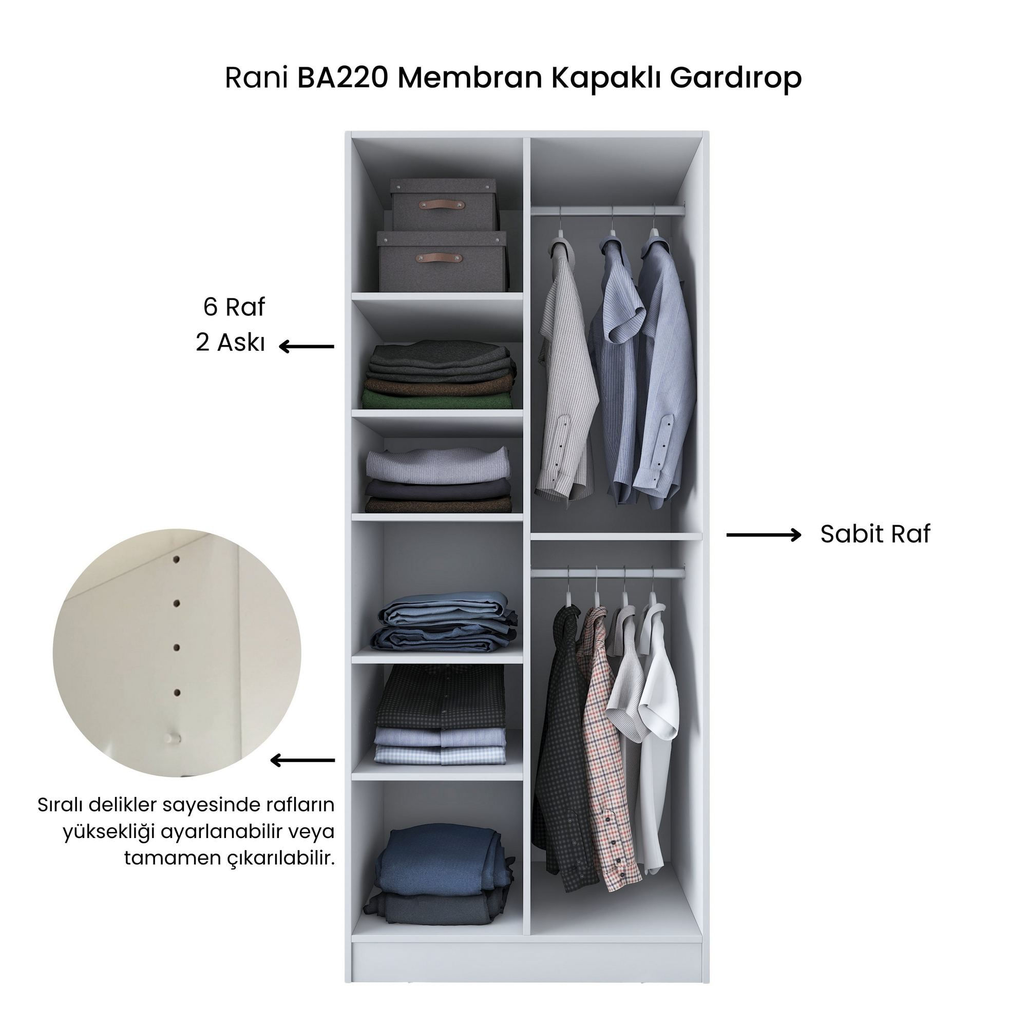 Dulap haine BA220, 90 x 210 x 57,5 cm, alb, PAL, spatiu de depozitare, fixare pe perete — imaginea 13