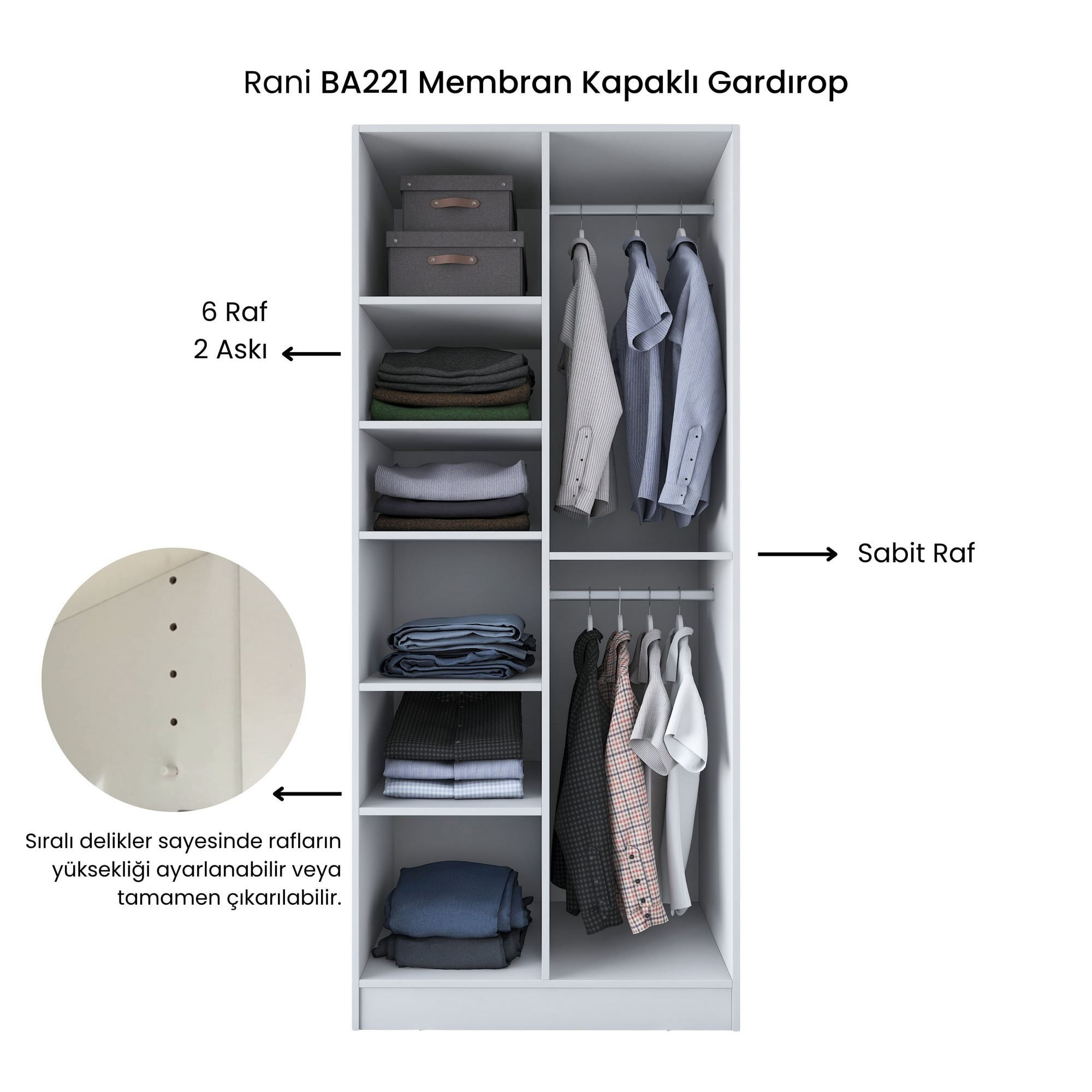 Dulap haine BA221, 90 x 210 x 57,5 cm, alb, PAL, spatiu de depozitare, fixare pe perete — imaginea 5