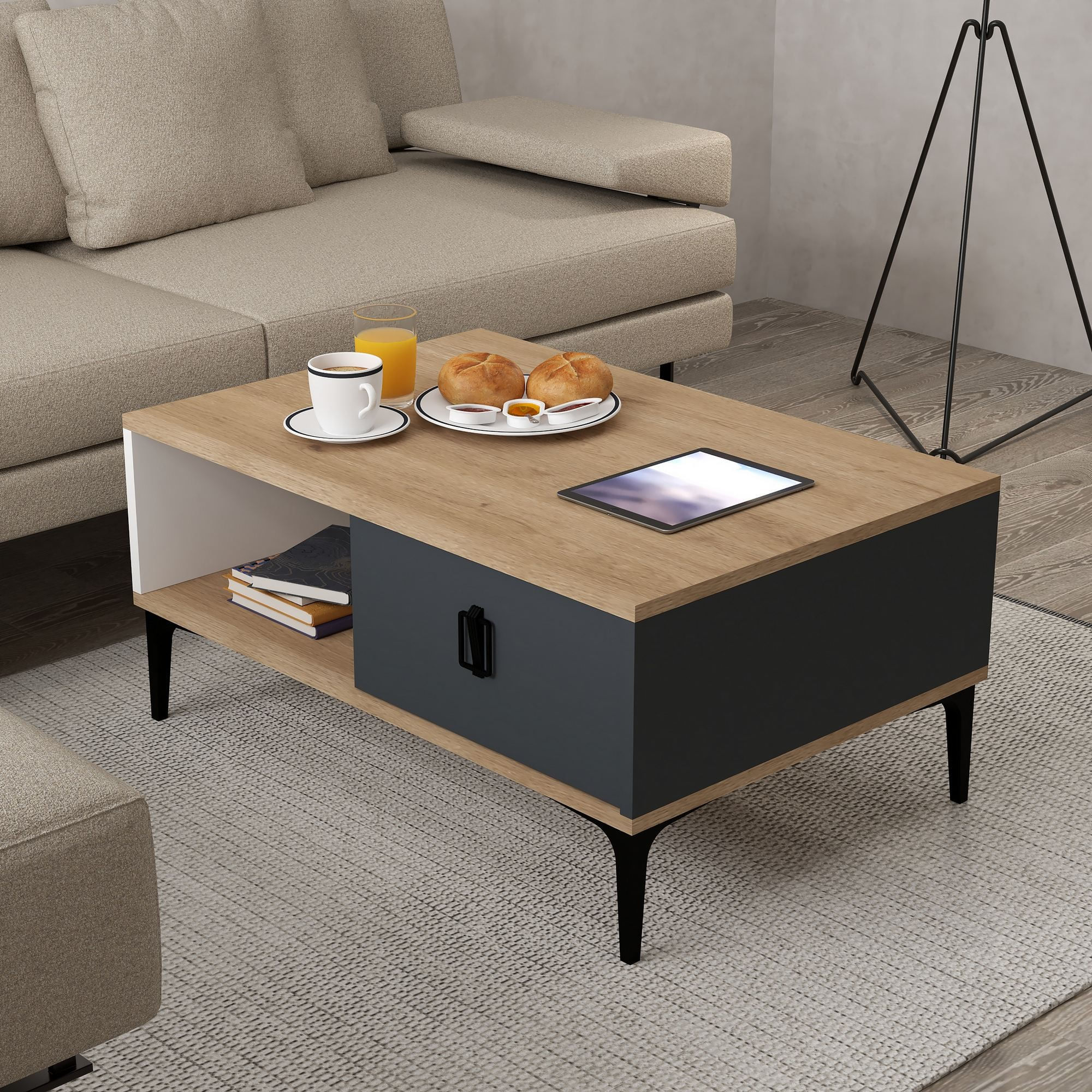 Masa de cafea Sare 2001, 90 x 41,5 x 60 cm, stejar safir alb antracit, PAL melaminat, design compact — imaginea 2
