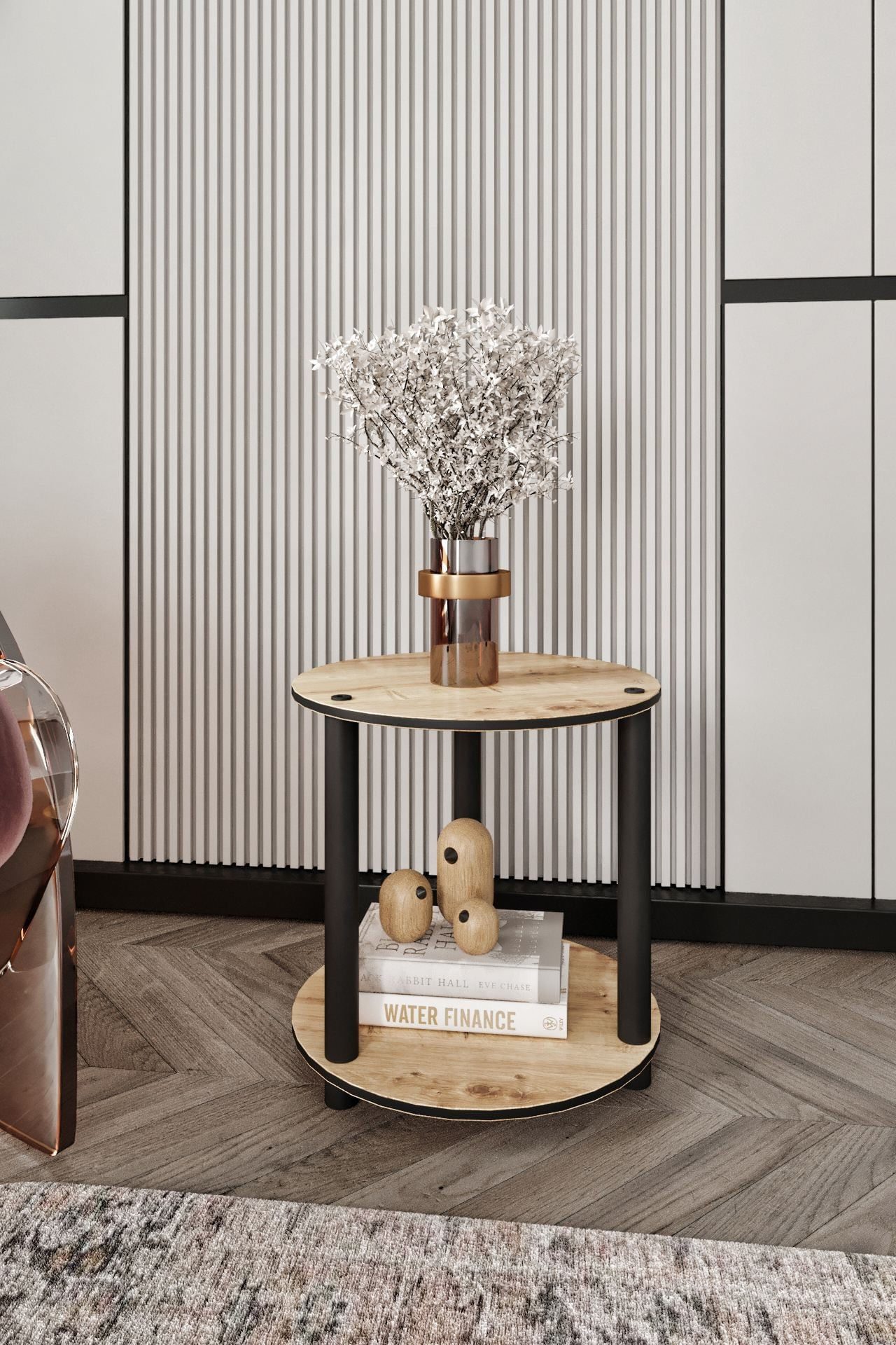 Masa de cafea rotunda cu 2 niveluri, 34 x 38 x 34 cm, stejar, MDF, design compact — imaginea 3