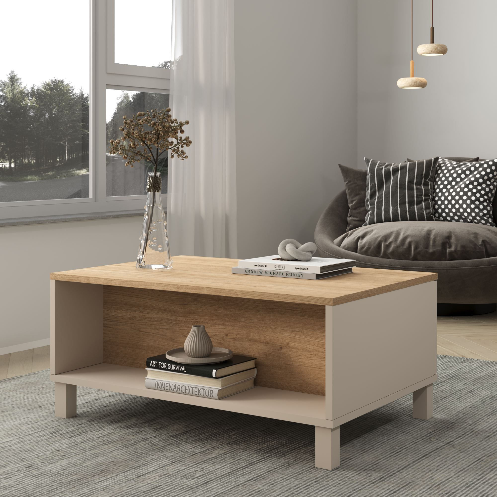 Masa de cafea Mood - MD2-CS, 90 x 40 x 60 cm, sand stejar, PAL melaminat, design compact — imaginea 3