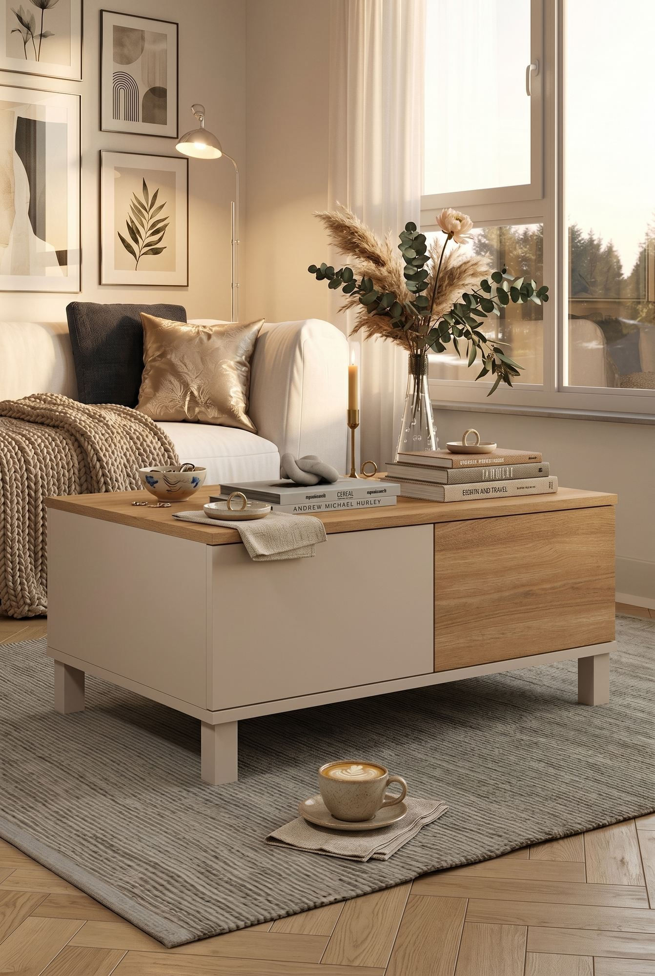 Masa de cafea Mood - MD2-CS, 90 x 40 x 60 cm, sand stejar, PAL melaminat, design compact — imaginea 6
