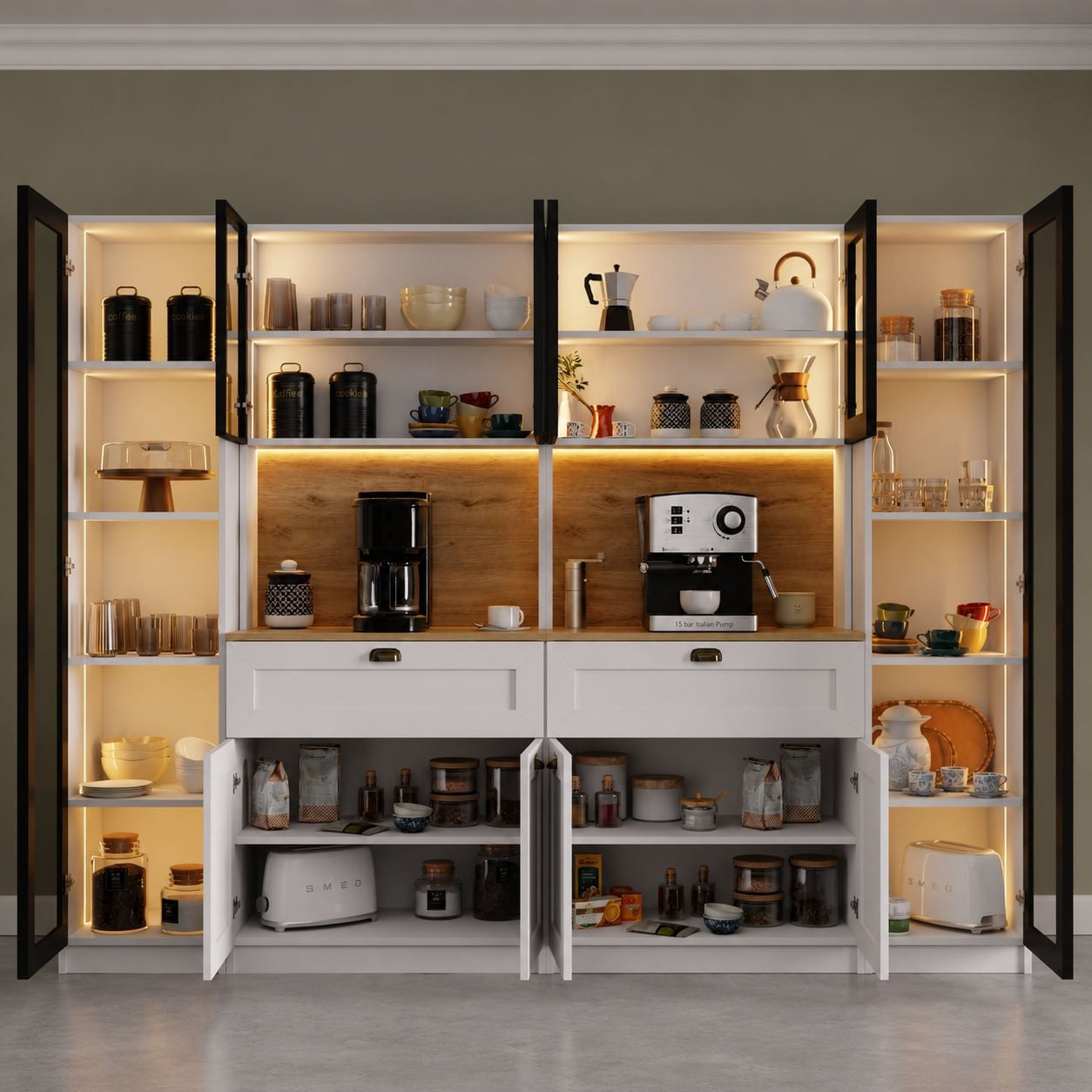 Dulap pentru cafea Nero Quad 1600-224, 240 x 190 x 44 cm, alb, PAL melaminat, spatiu de depozitare, fixare pe perete — imaginea 3