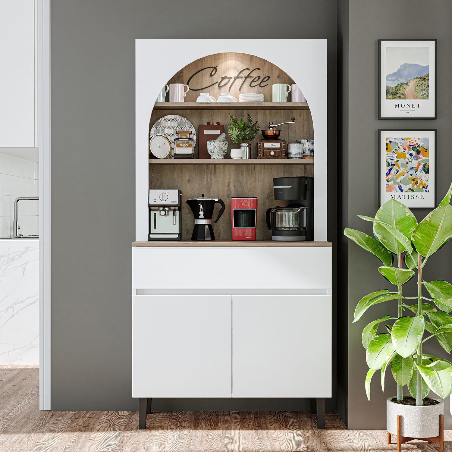 Dulap pentru cafea 2804, 90 x 179 x 42 cm, pin atlantic alb, PAL melaminat, spatiu de depozitare, fixare pe perete — imaginea 3