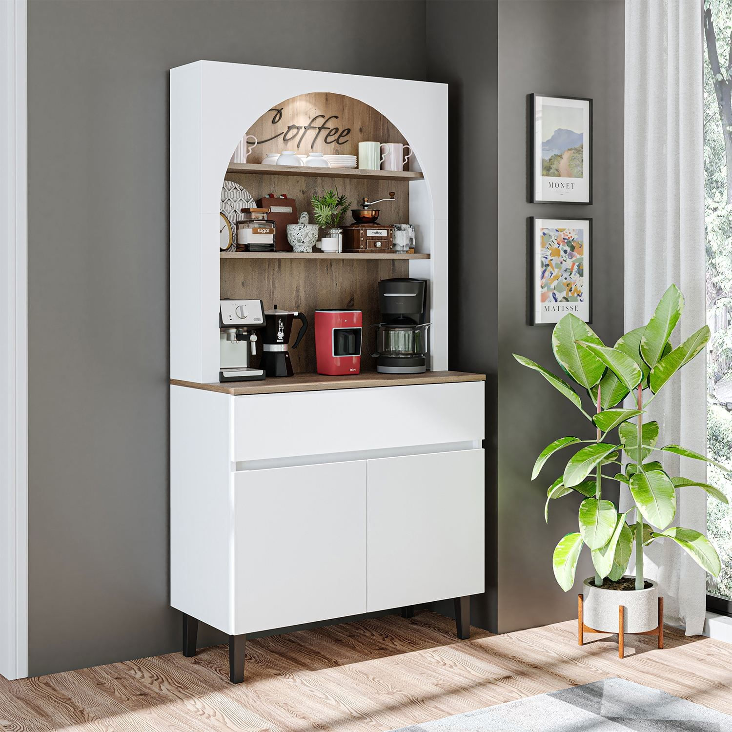 Dulap pentru cafea 2804, 90 x 179 x 42 cm, pin atlantic alb, PAL melaminat, spatiu de depozitare, fixare pe perete — imaginea 4